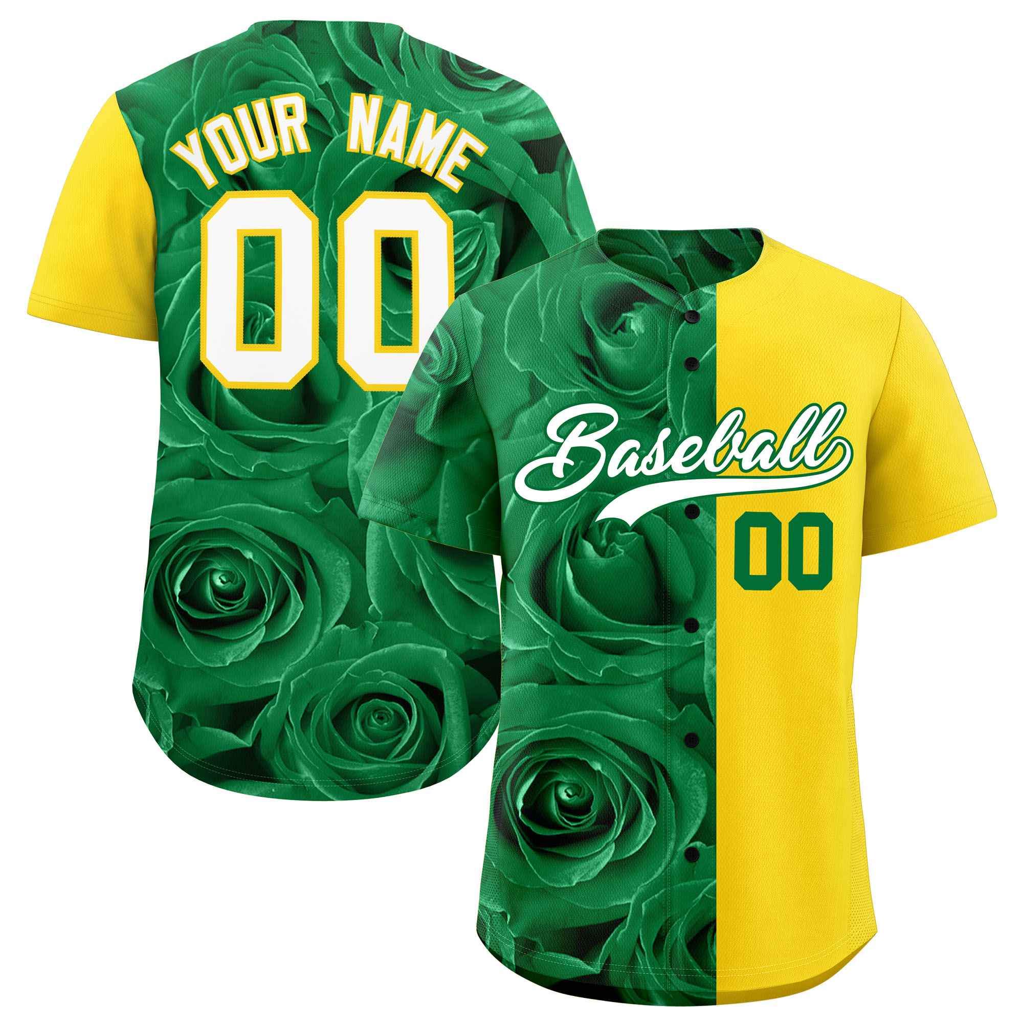 Custom Kelly Green Gold Split Rose Print Authentic Baseball Jersey