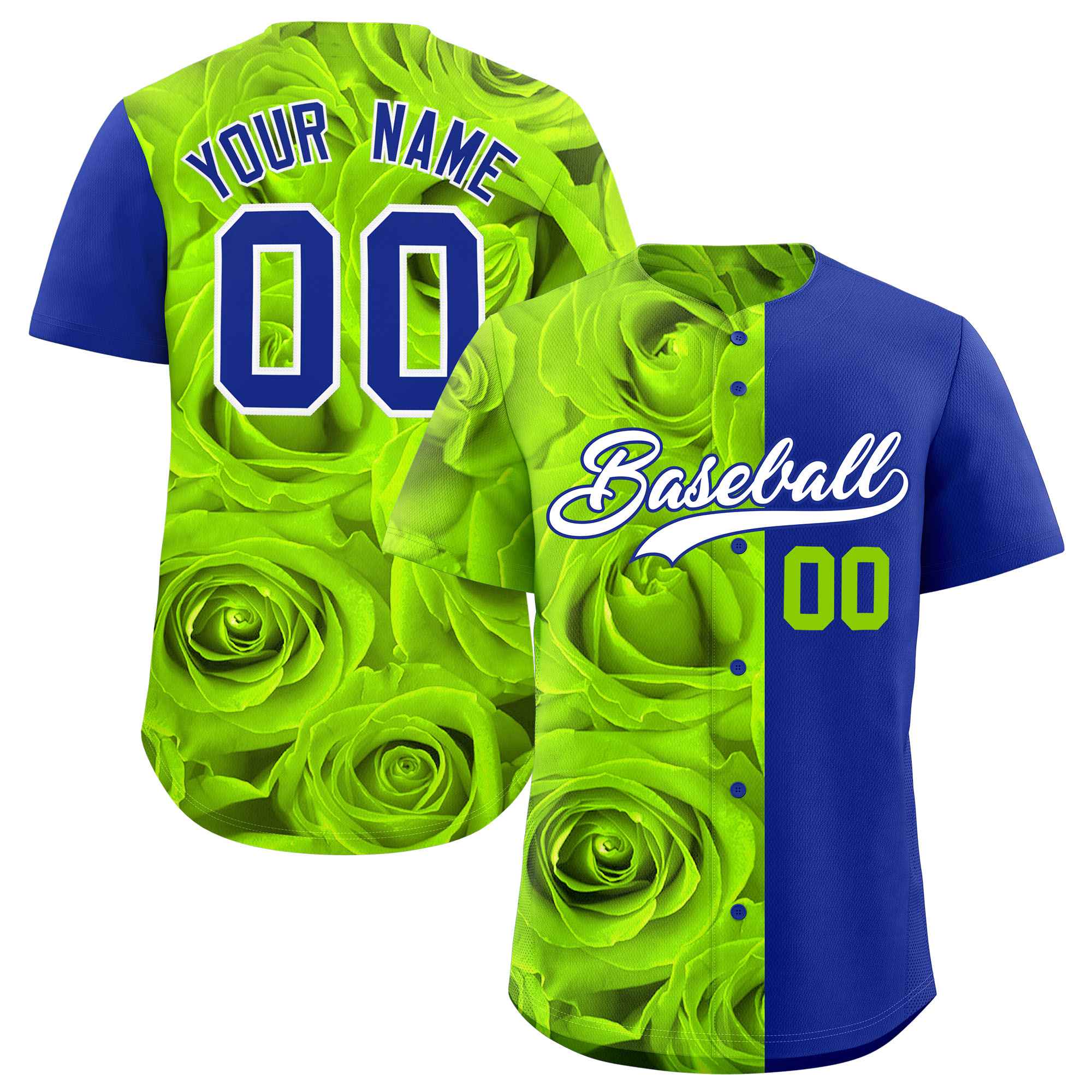 Custom Neon Green Royal Split Rose Print Authentic Baseball Jersey