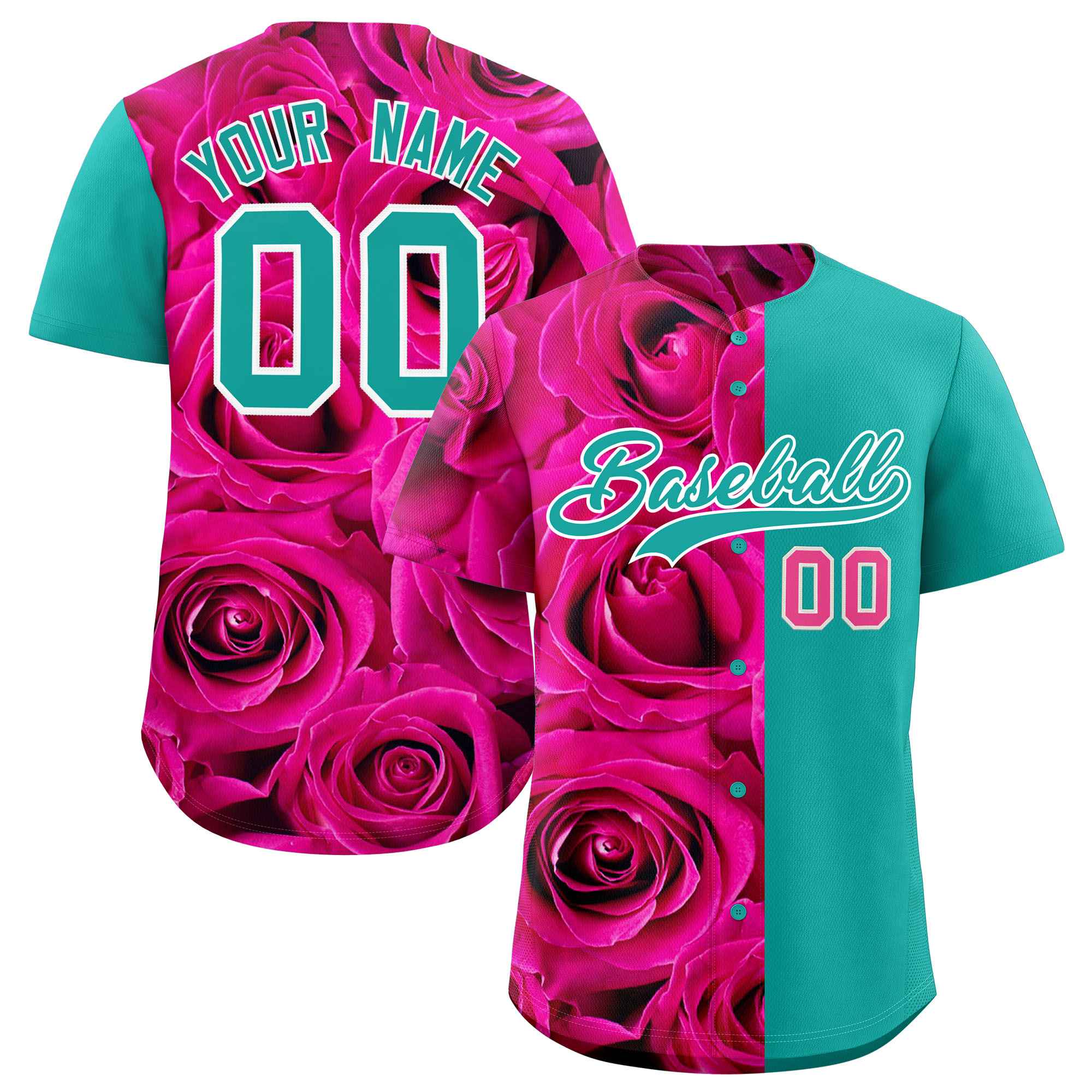 Custom Pink Aqua Split Rose Print Authentic Baseball Jersey