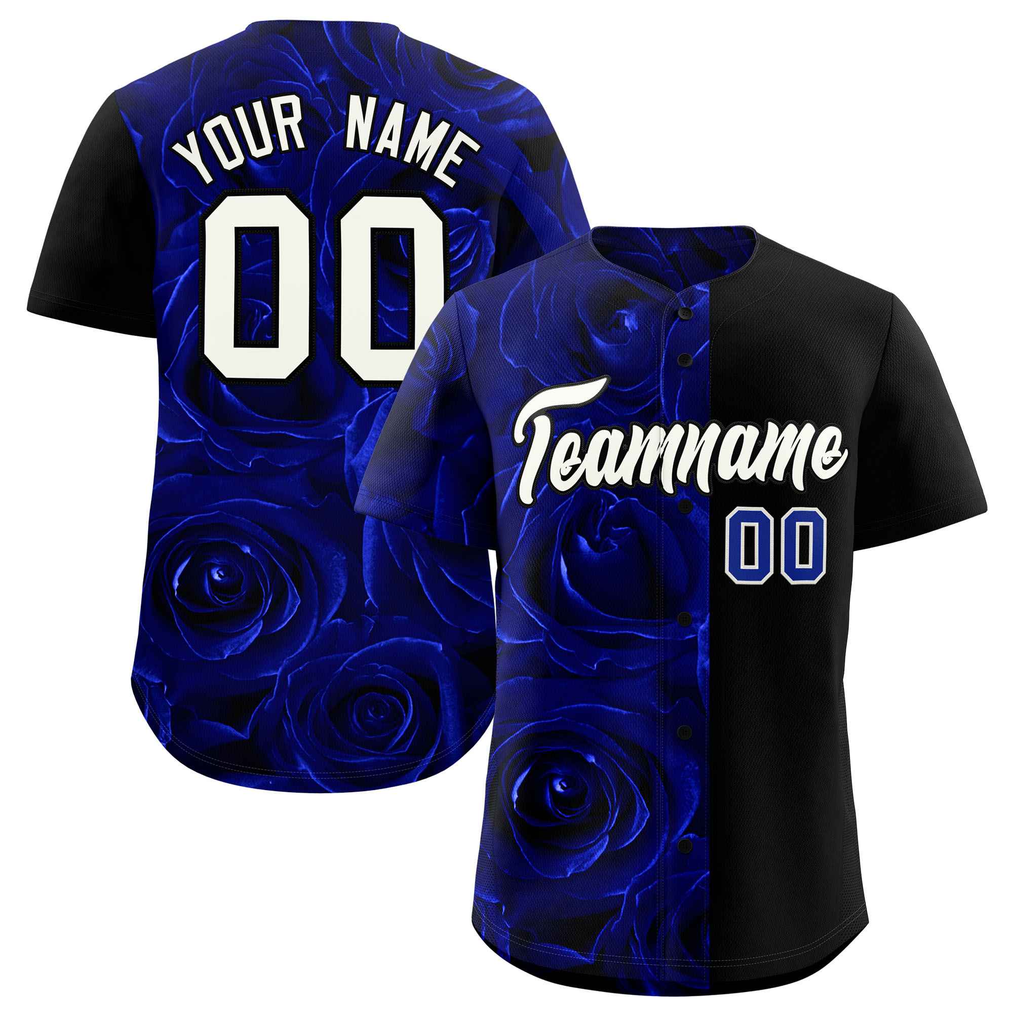 Custom Royal Black Split Rose Print Authentic Baseball Jersey