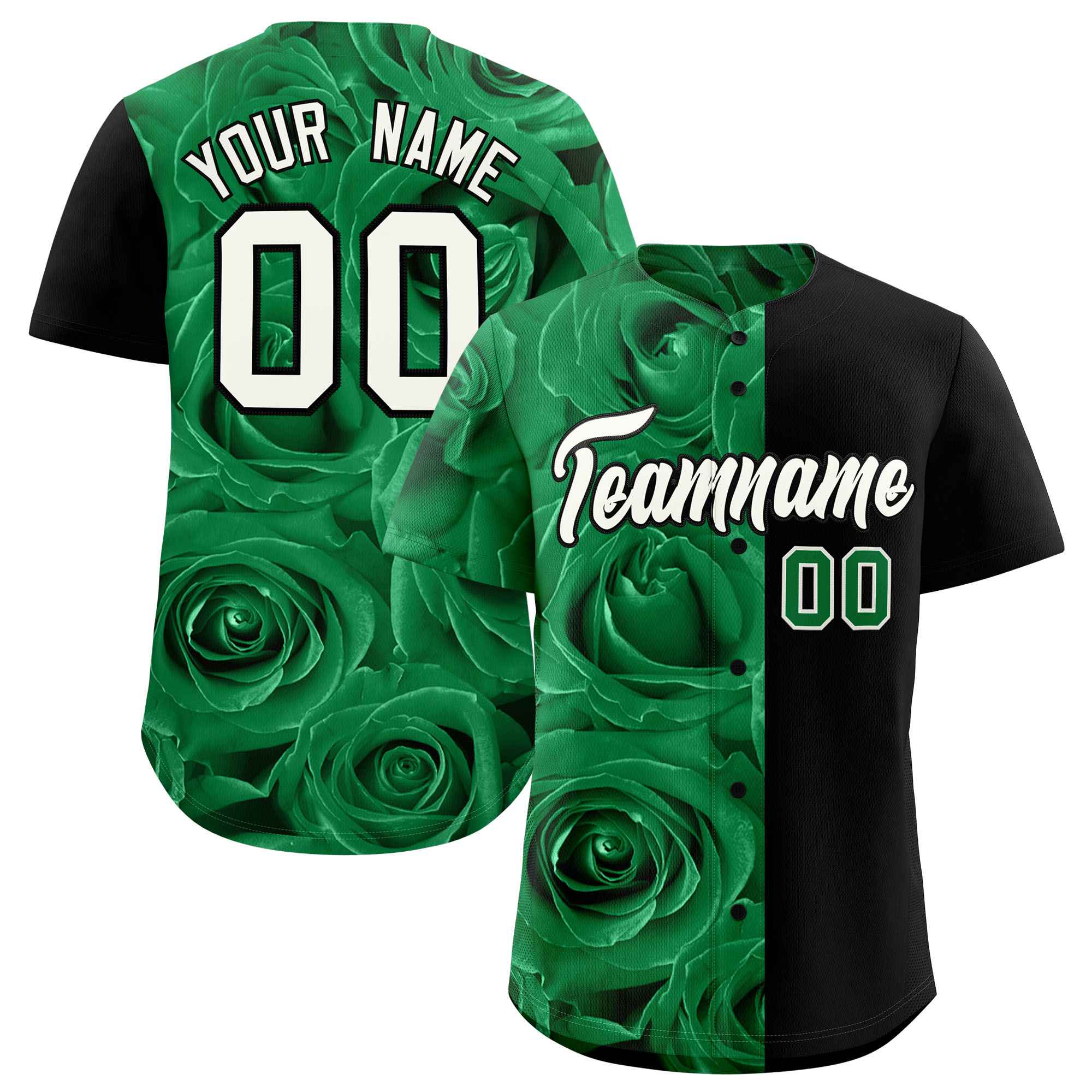 Custom Kelly Green Black Split Rose Print Authentic Baseball Jersey