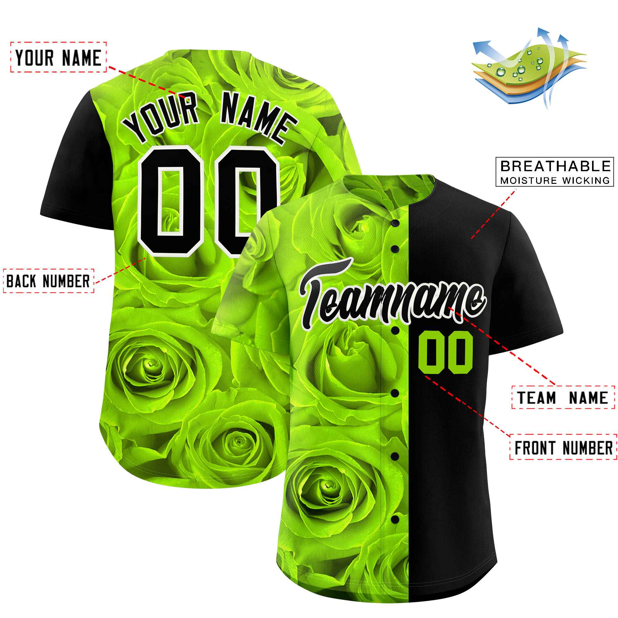 Custom Neon Green Black Split Rose Print Authentic Baseball Jersey