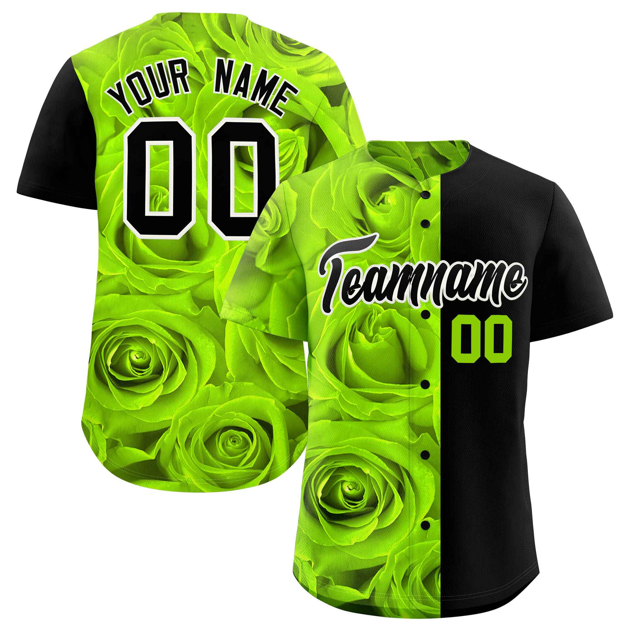 Custom Neon Green Black Split Rose Print Authentic Baseball Jersey