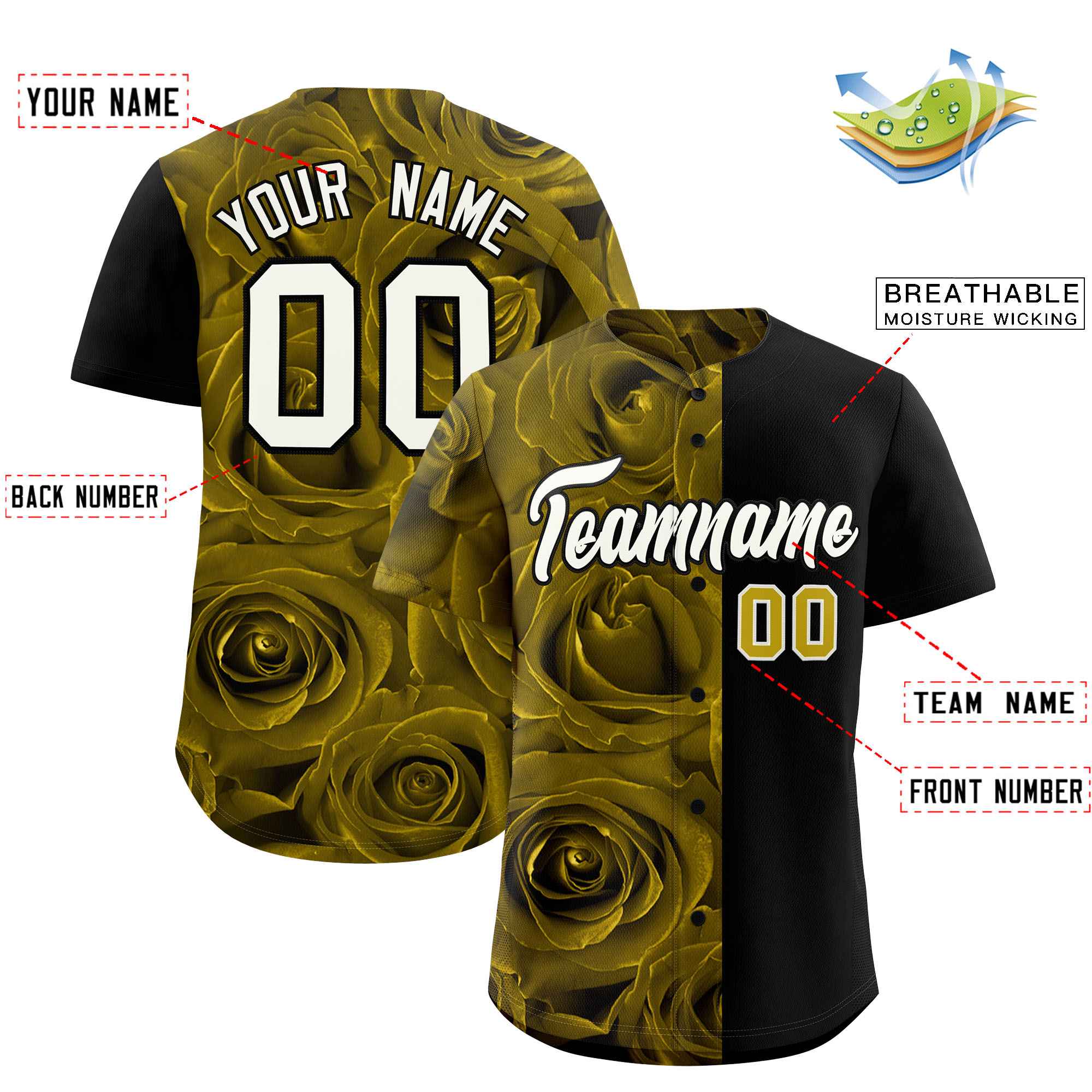 Custom Old Gold Black Split Rose Print Authentic Baseball Jersey