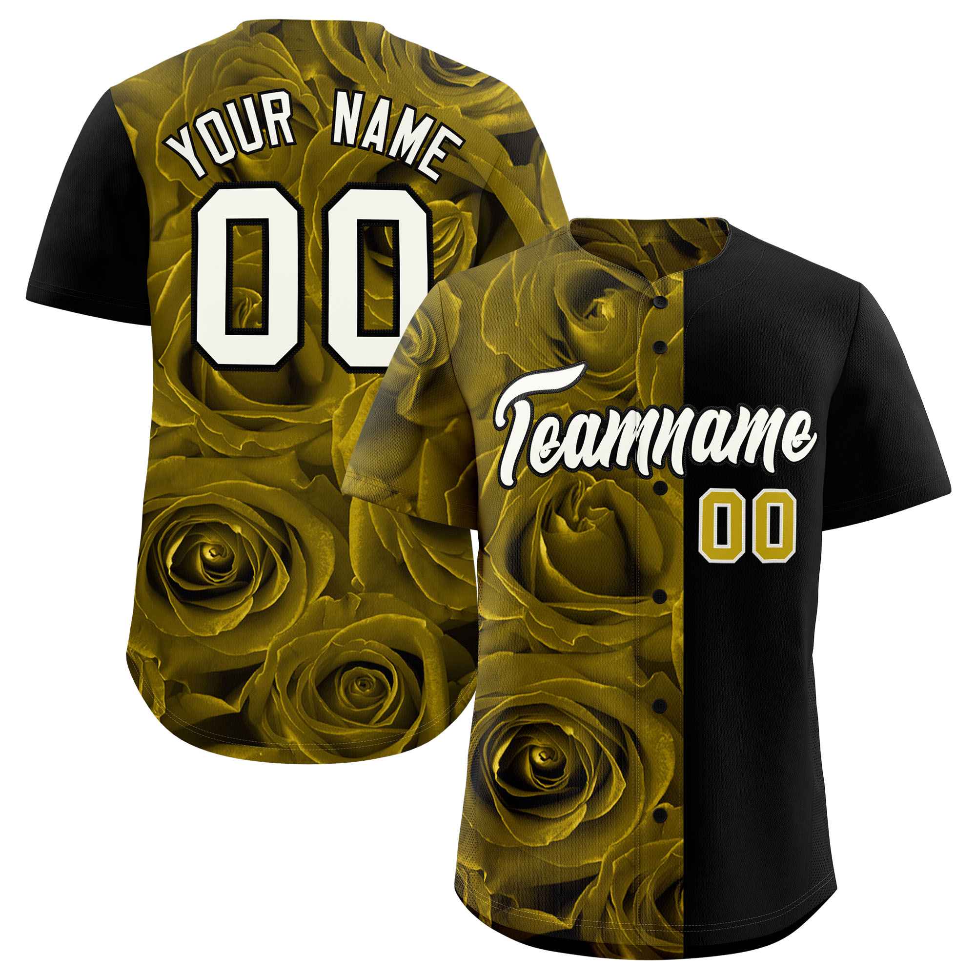 Custom Old Gold Black Split Rose Print Authentic Baseball Jersey