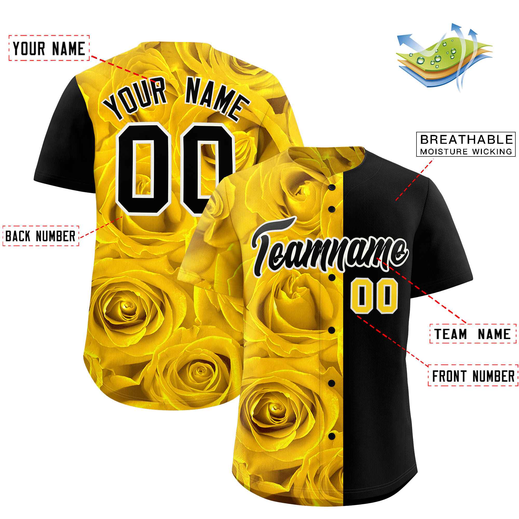 Custom Gold Black Split Rose Print Authentic Baseball Jersey