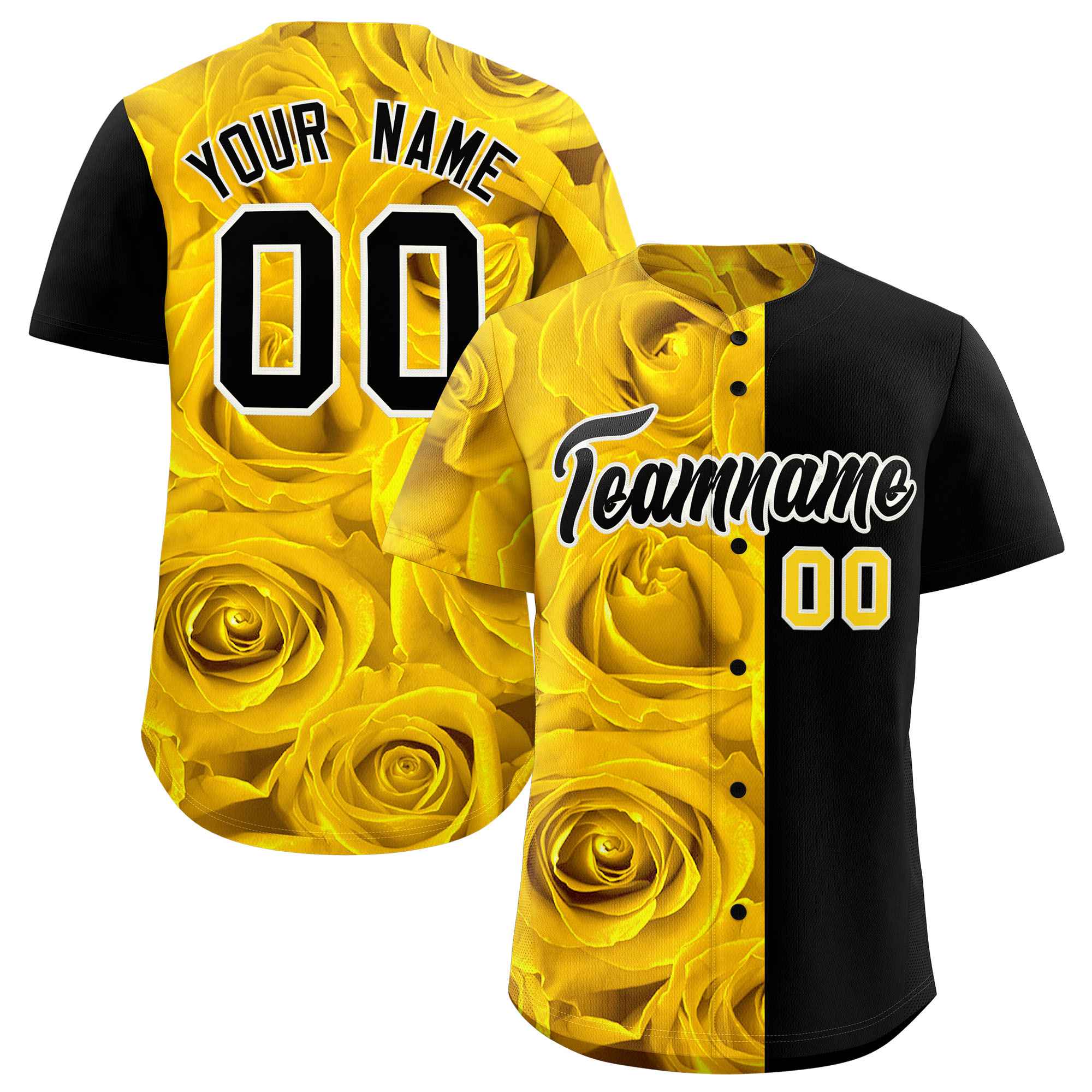 Custom Gold Black Split Rose Print Authentic Baseball Jersey