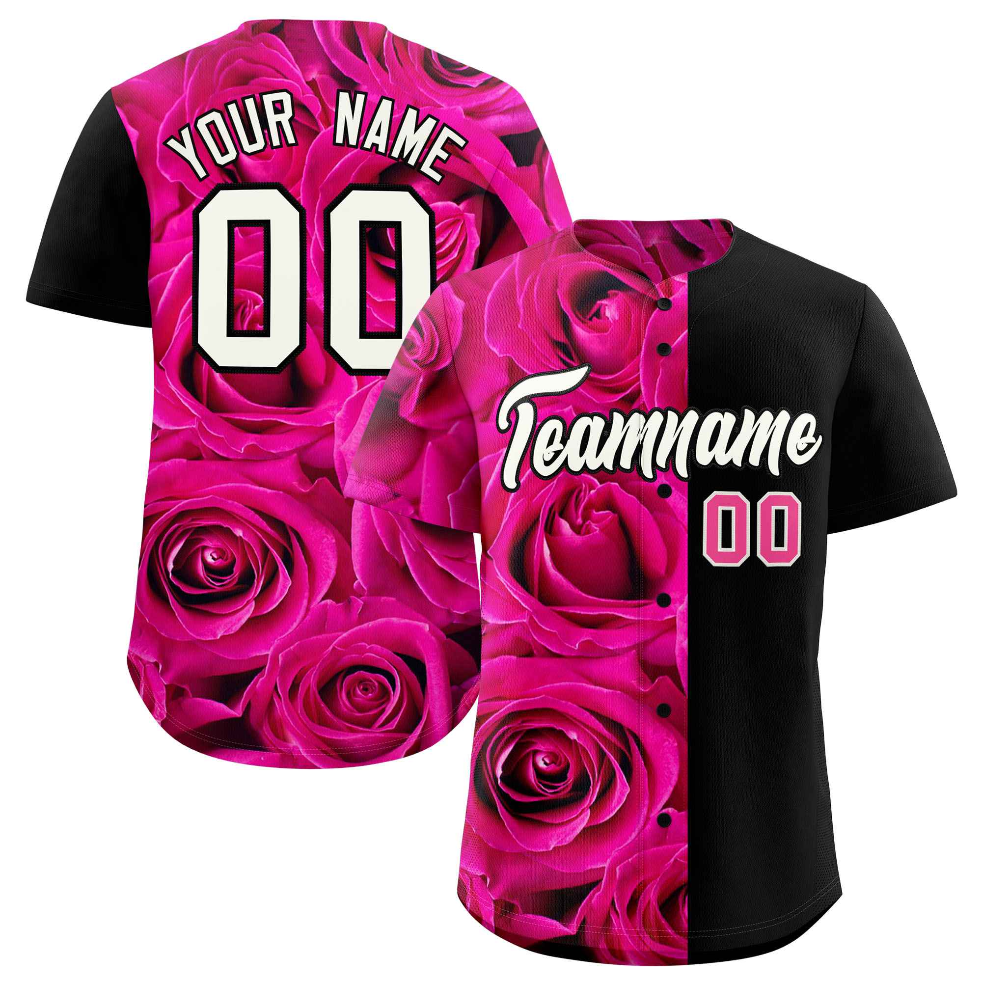 Custom Pink Black Split Rose Print Authentic Baseball Jersey