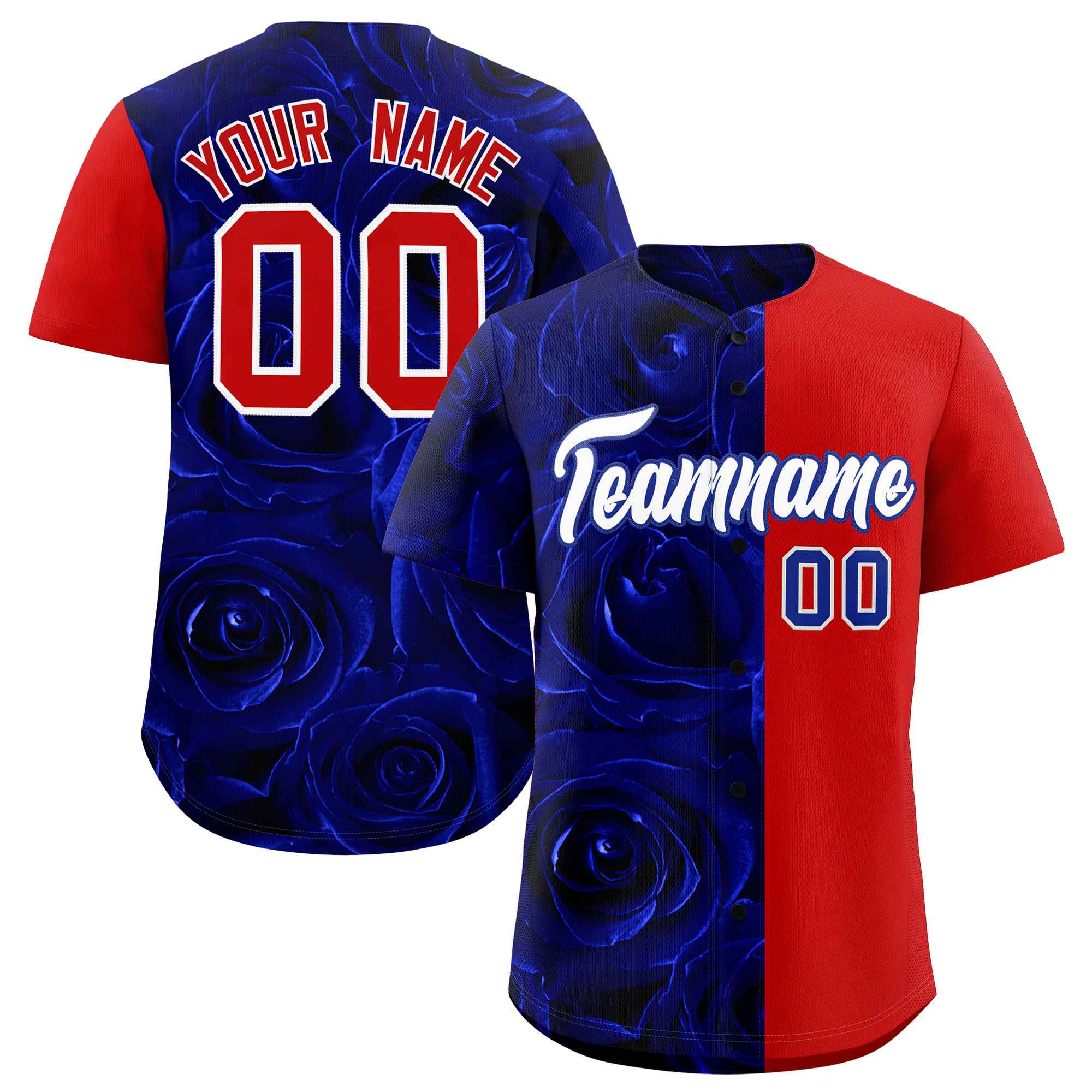 Custom Royal Red Split Rose Print Authentic Baseball Jersey