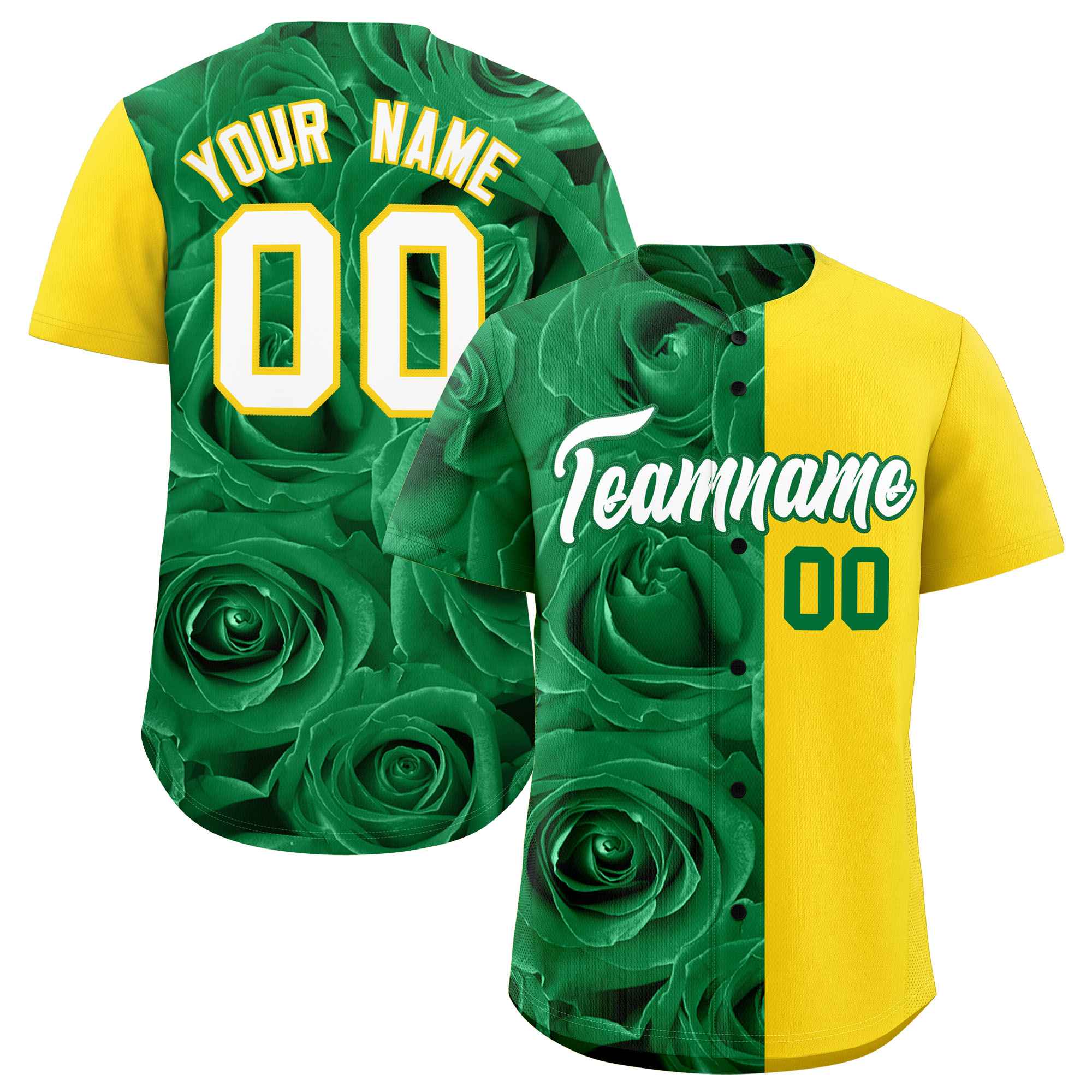 Custom Kelly Green Gold Split Rose Print Authentic Baseball Jersey