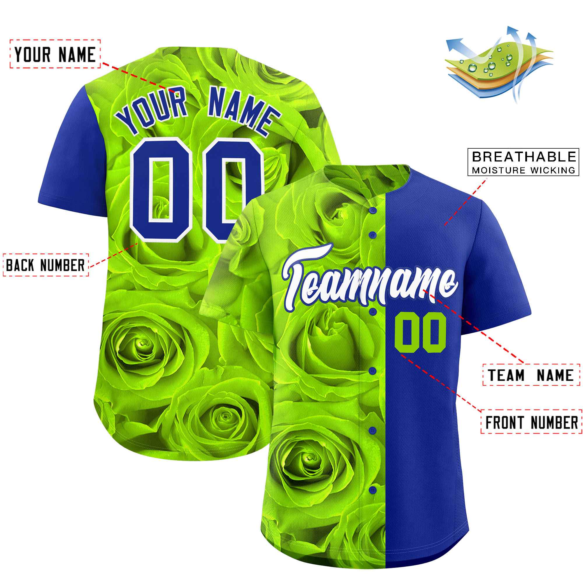 Custom Neon Green Royal Split Rose Print Authentic Baseball Jersey