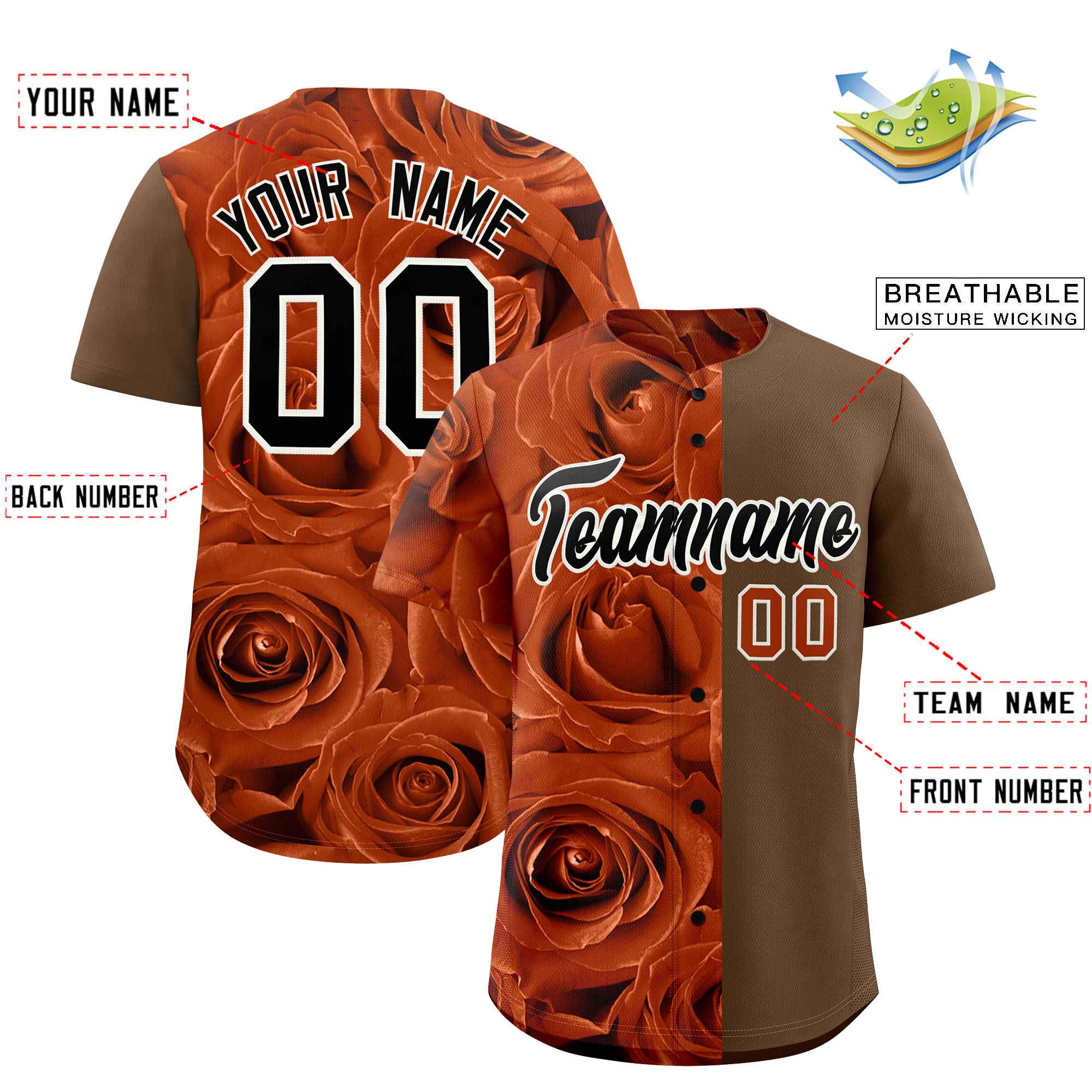 Custom Texas Orange Light Brown Split Rose Print Authentic Baseball Jersey