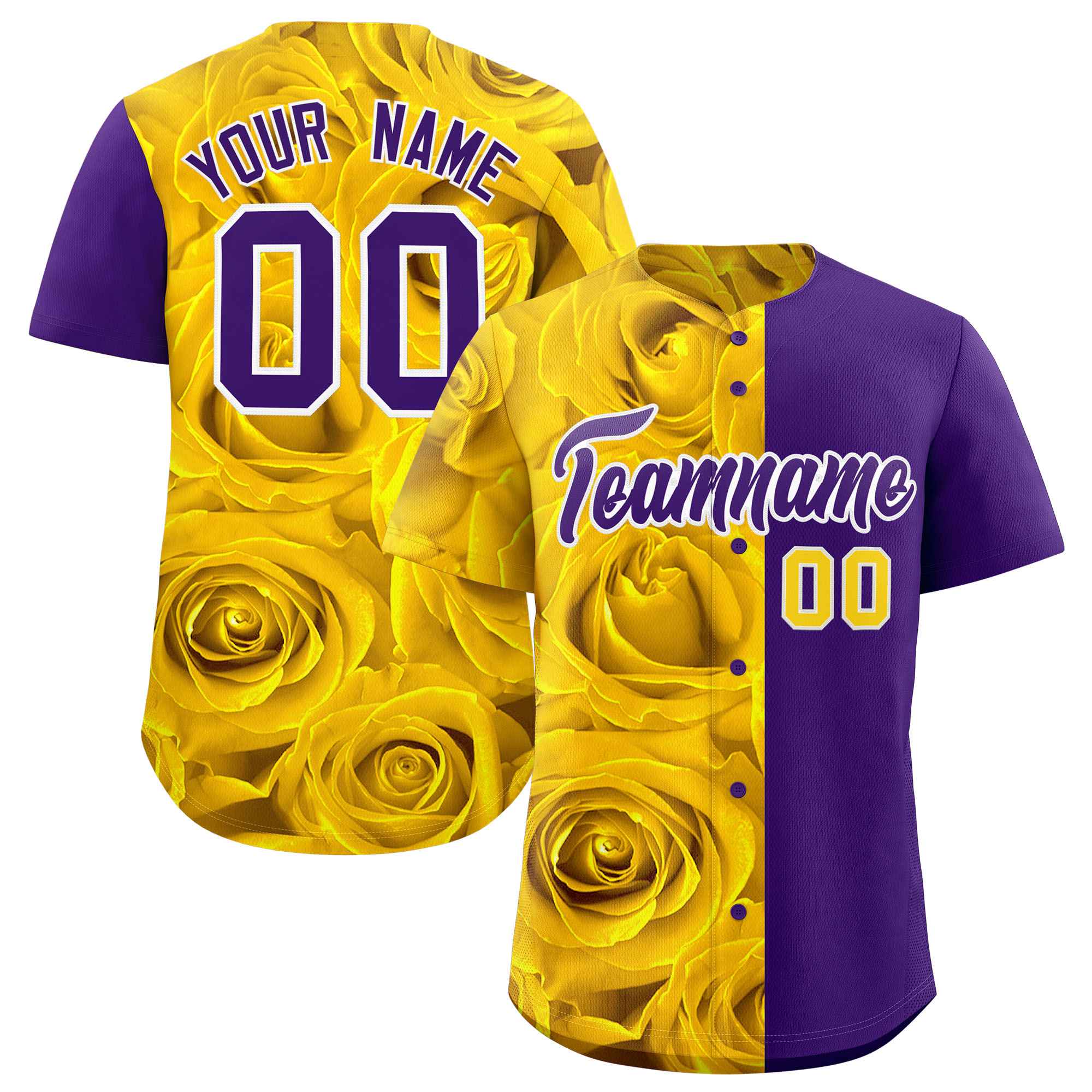 Custom Gold Purple Split Rose Print Authentic Baseball Jersey