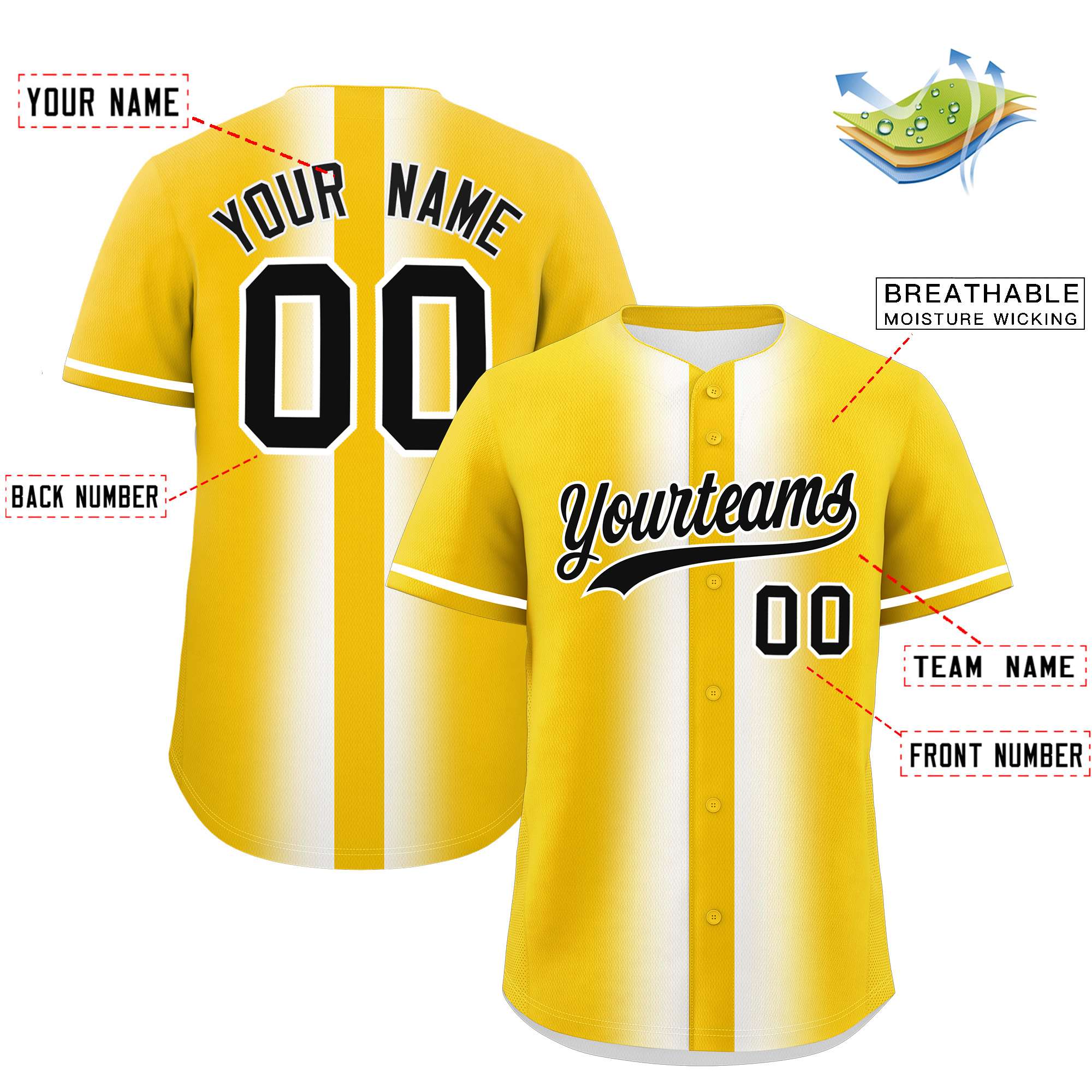 Custom Gold White Lapel Gradient Fashion Authentic Baseball Jersey