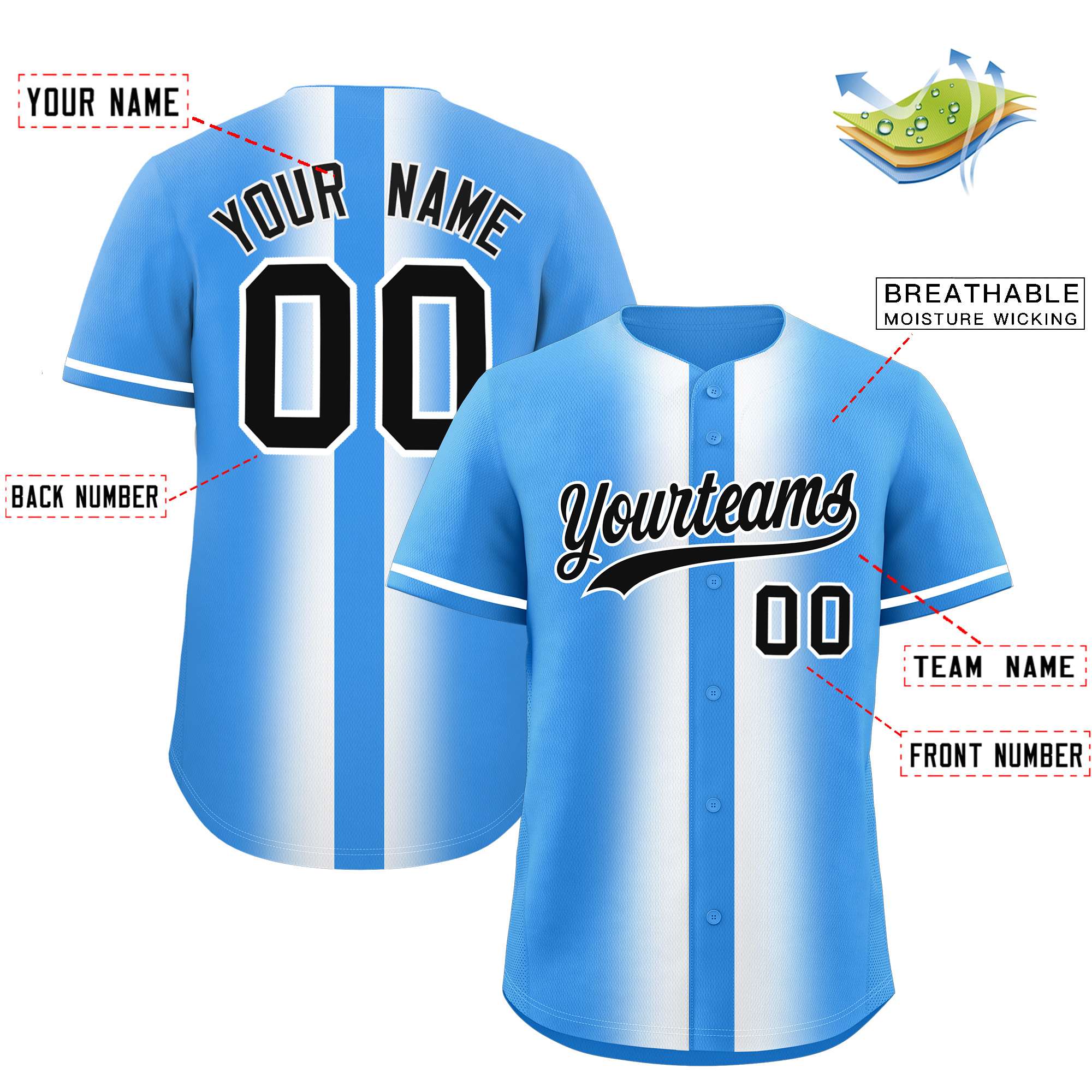 Custom Powder Blue White Lapel Gradient Fashion Authentic Baseball Jersey