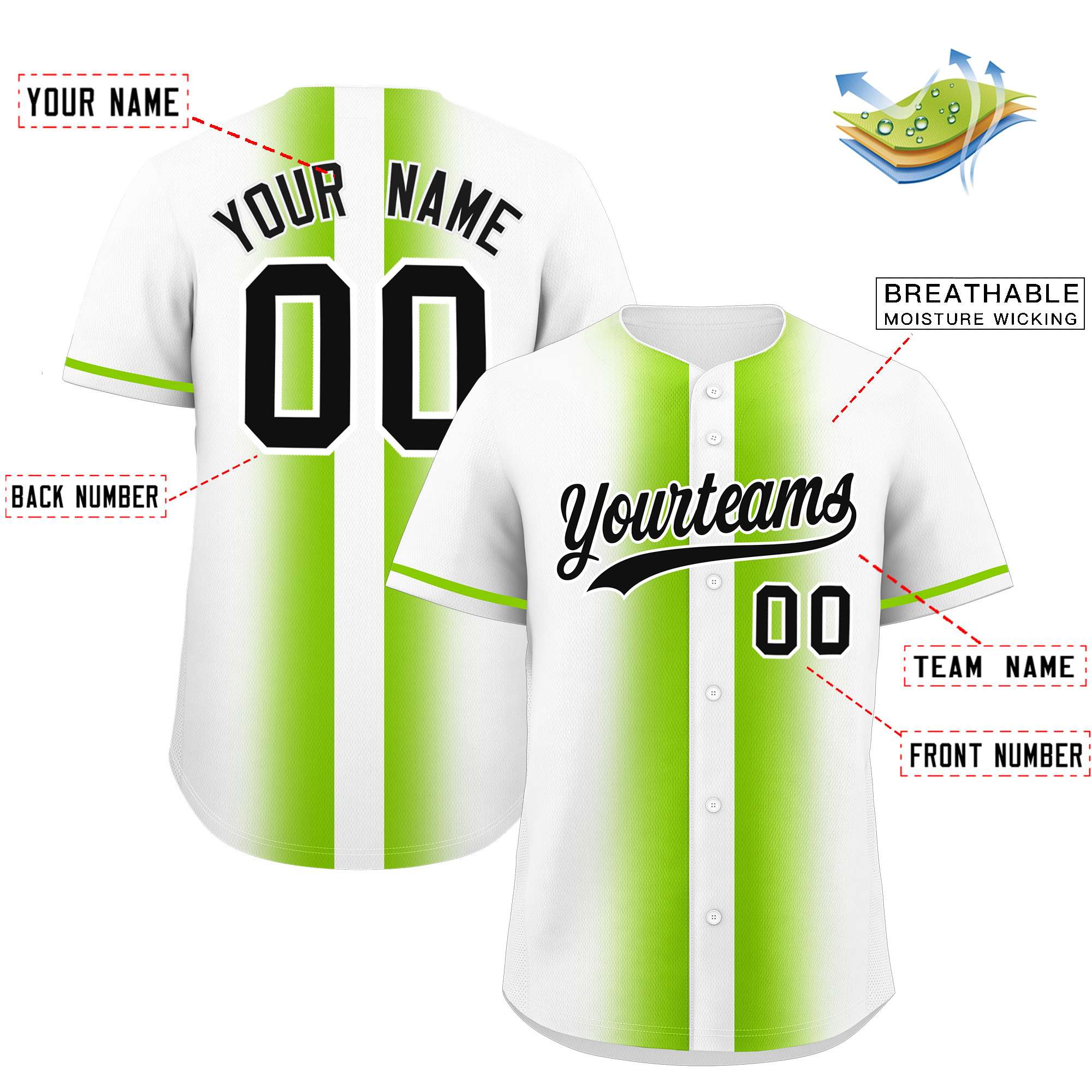 Custom White Neon Green Lapel Gradient Fashion Authentic Baseball Jersey