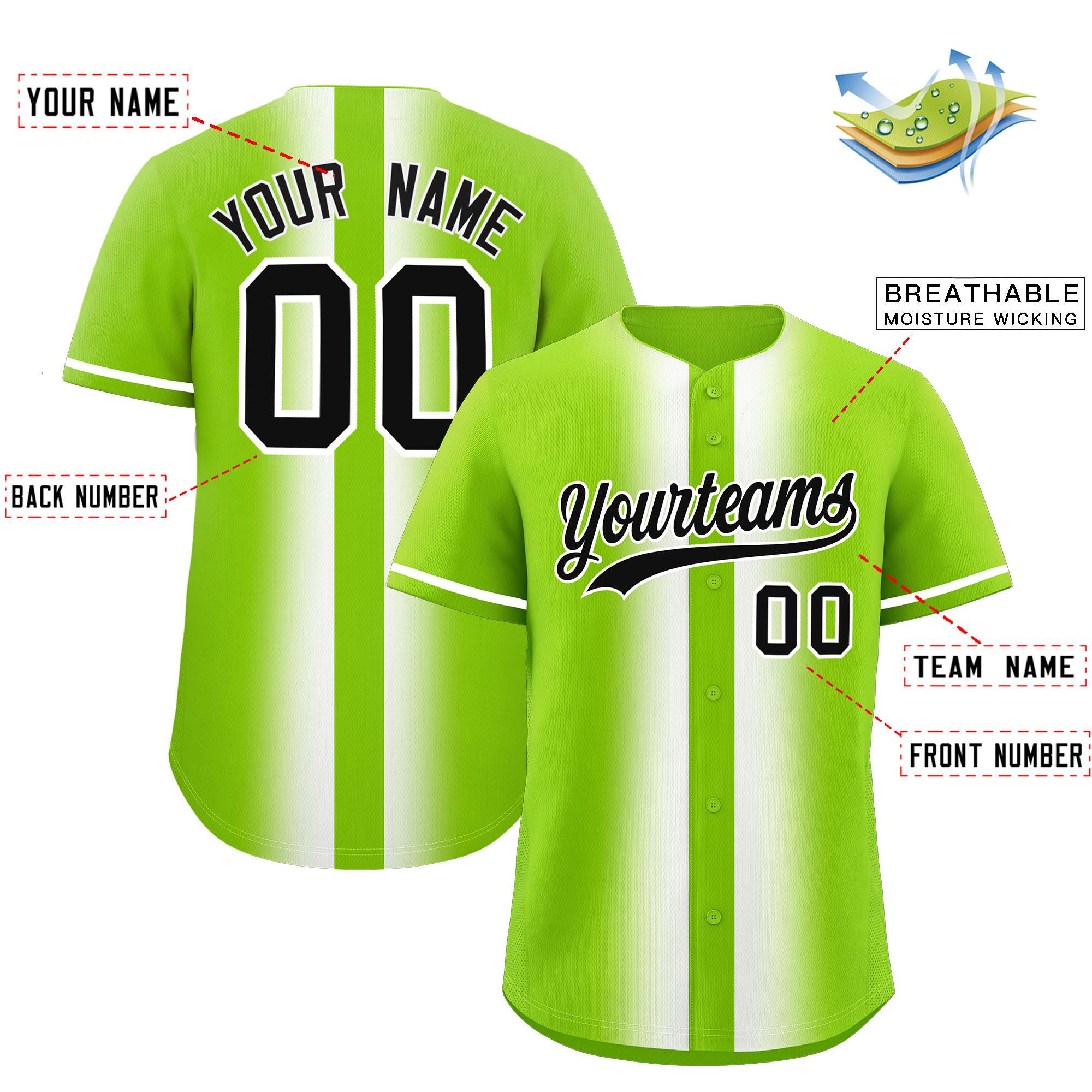 Custom Neon Green White Lapel Gradient Fashion Authentic Baseball Jersey