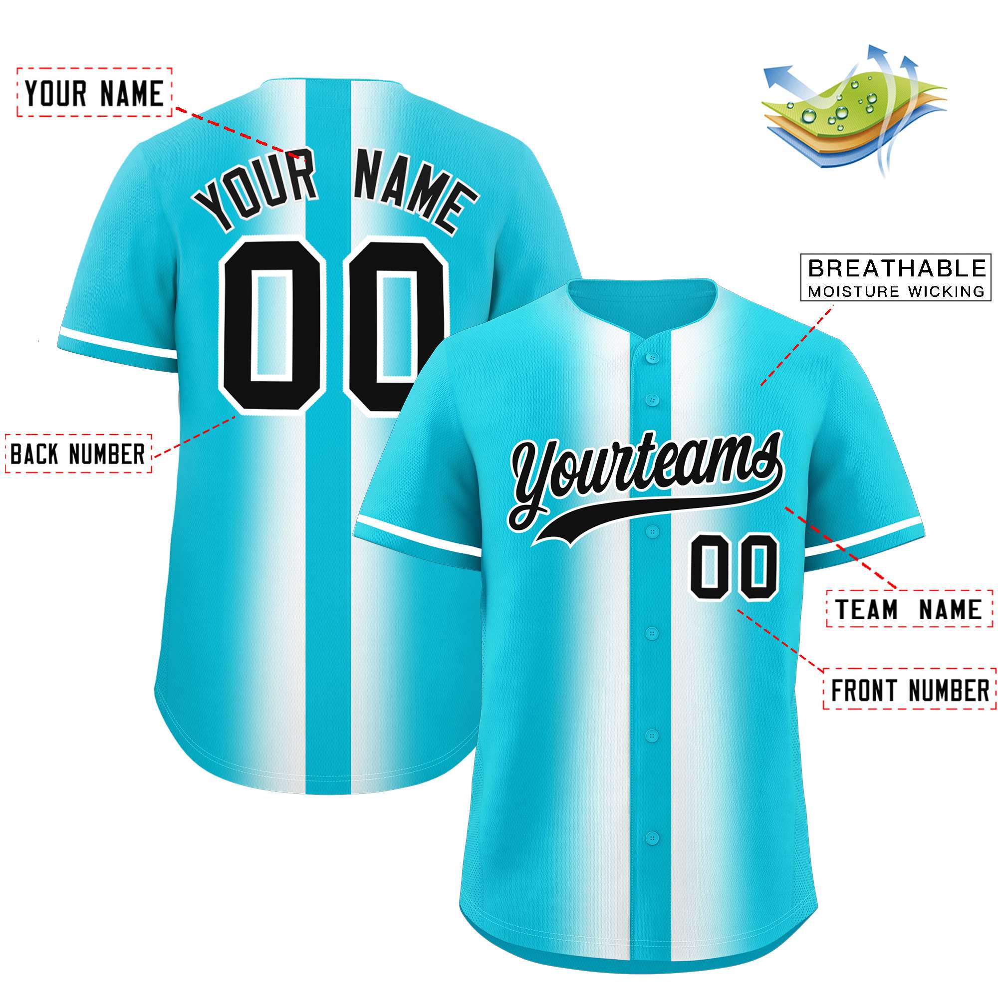 Custom Sky Blue White Lapel Gradient Fashion Authentic Baseball Jersey