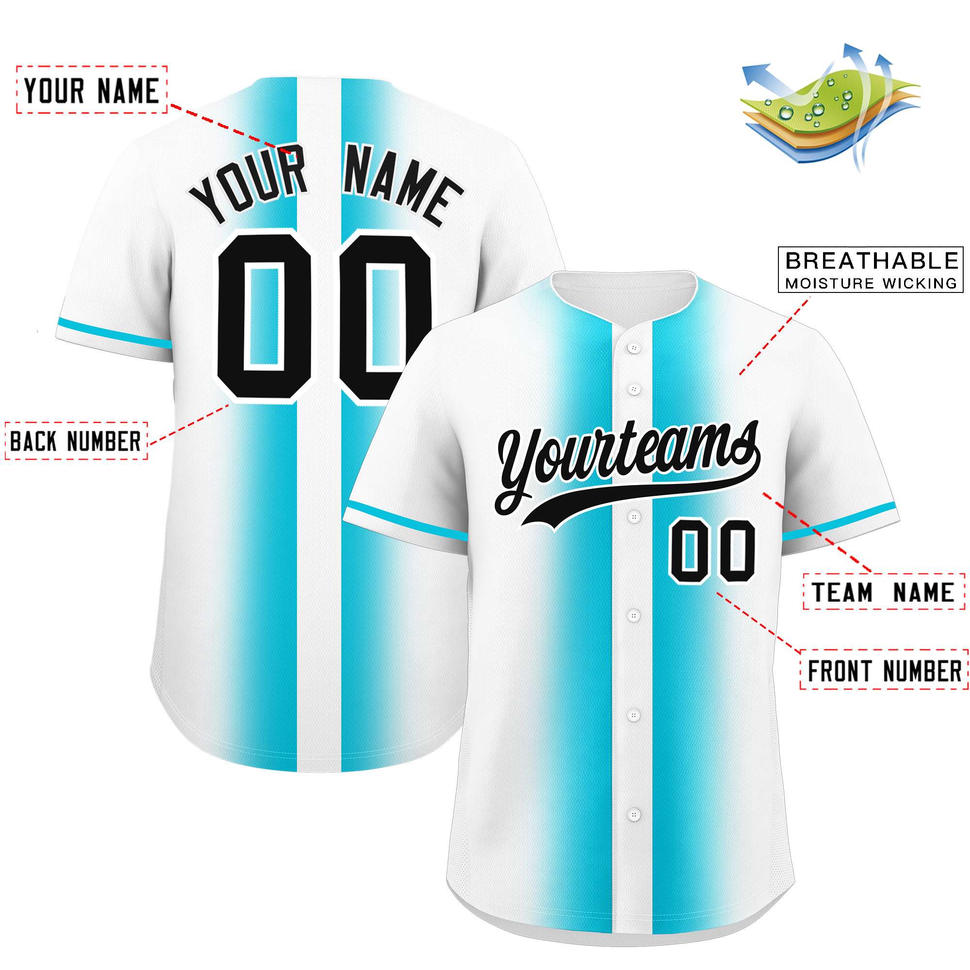 Custom White Sky Blue Lapel Gradient Fashion Authentic Baseball Jersey