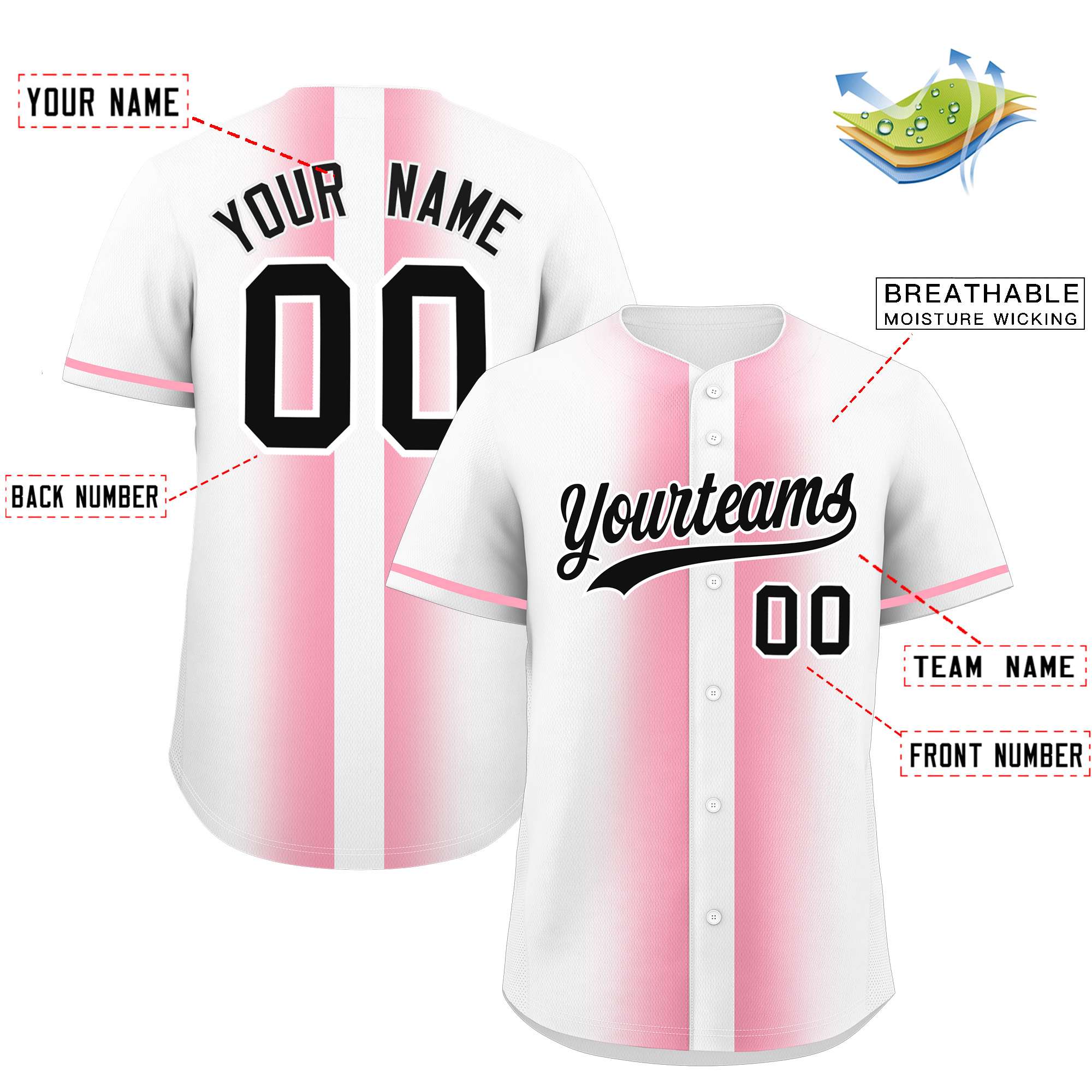 Custom White Light Pink Lapel Gradient Fashion Authentic Baseball Jersey