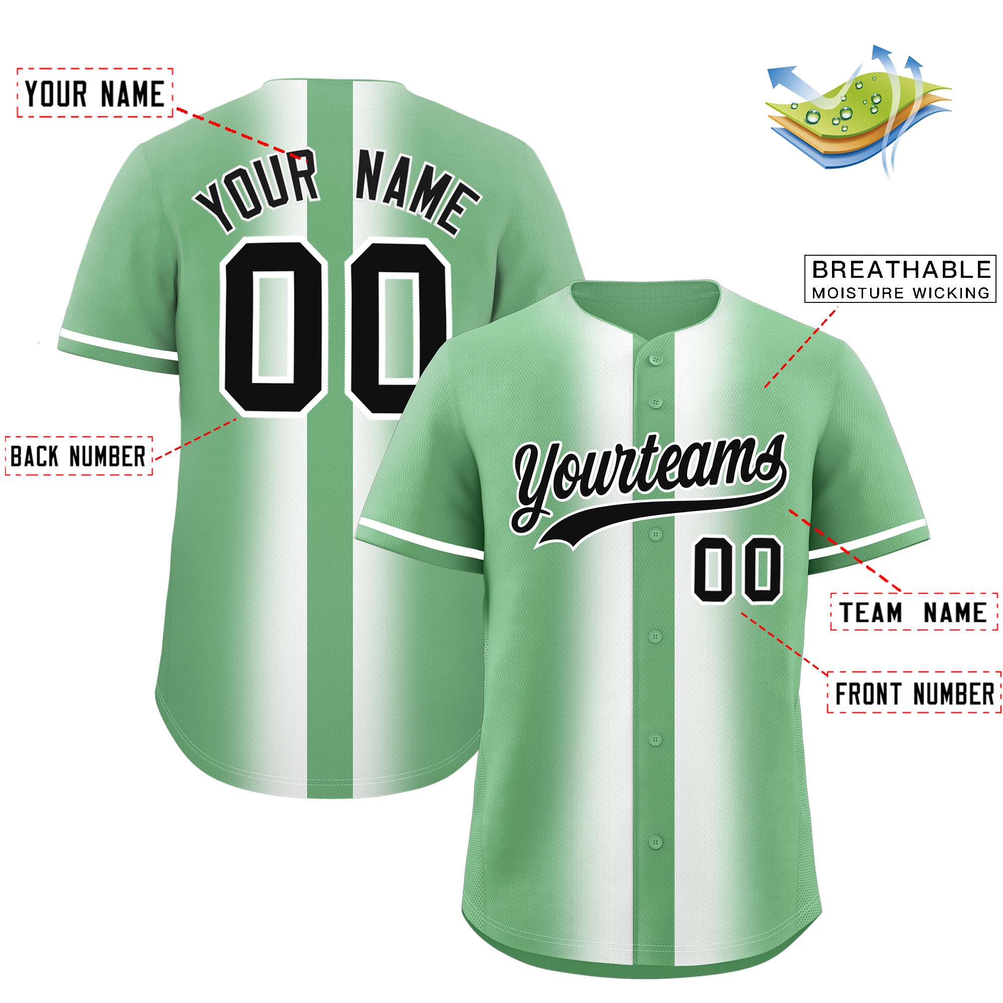 Custom Green White Lapel Gradient Fashion Authentic Baseball Jersey