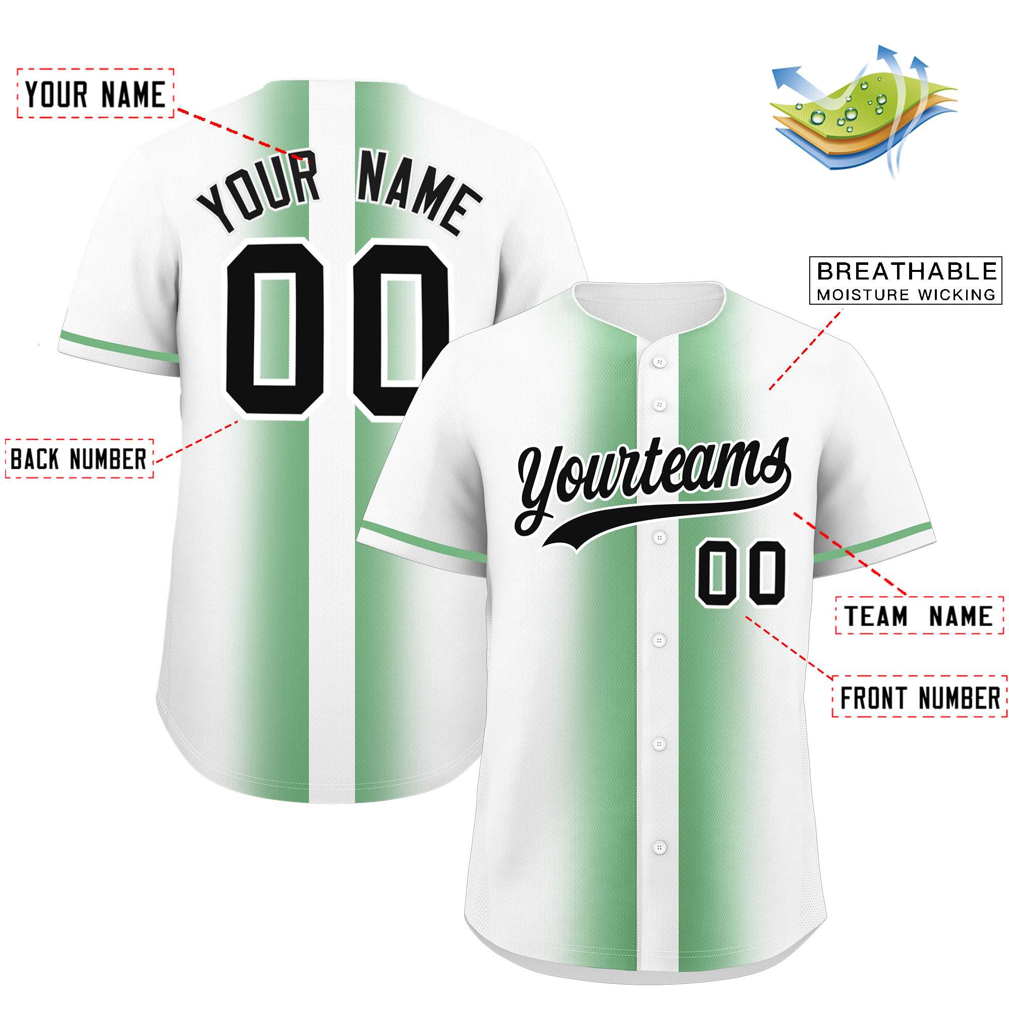 Custom Green White Lapel Gradient Fashion Authentic Baseball Jersey