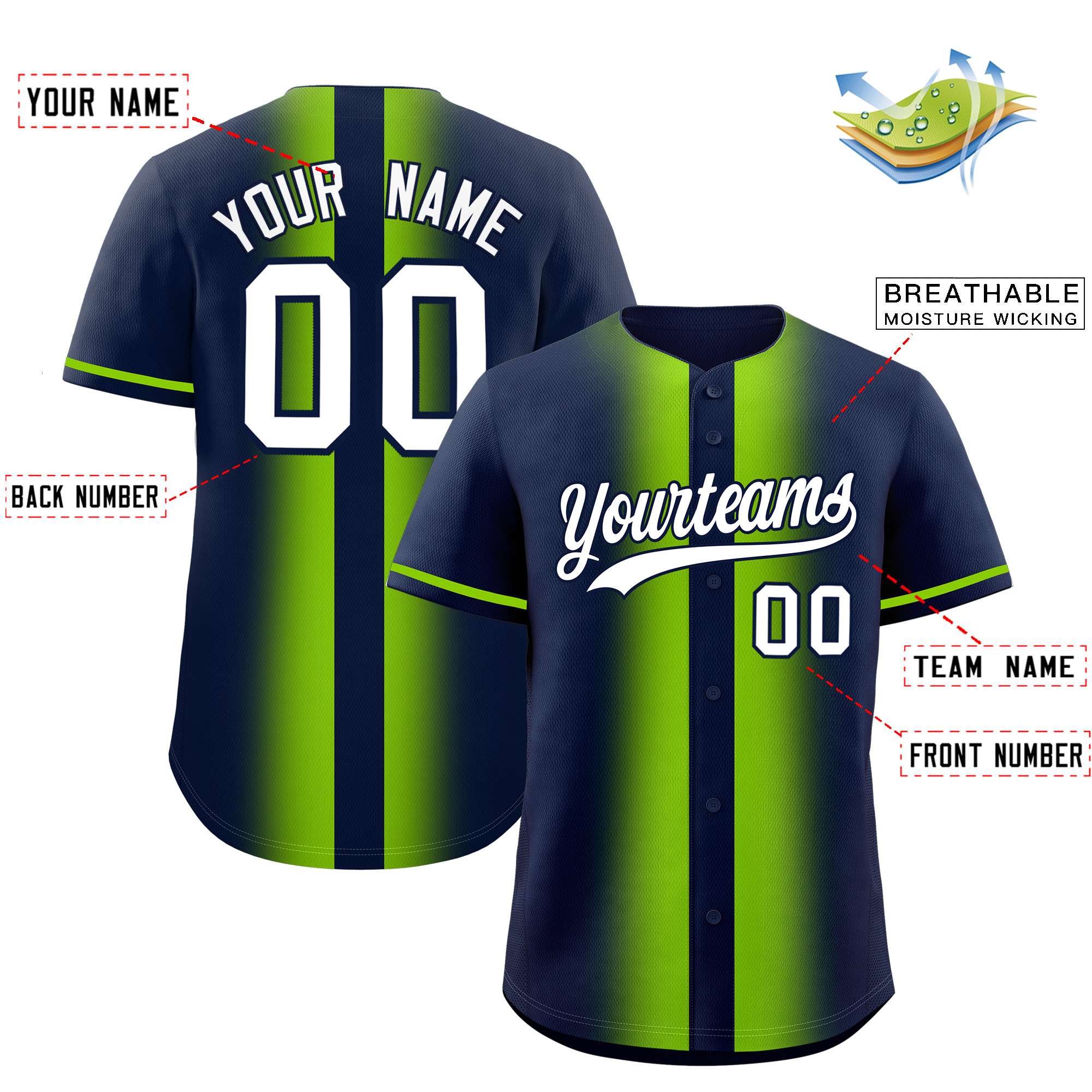 Custom Navy Neon Green Lapel Gradient Fashion Authentic Baseball Jersey