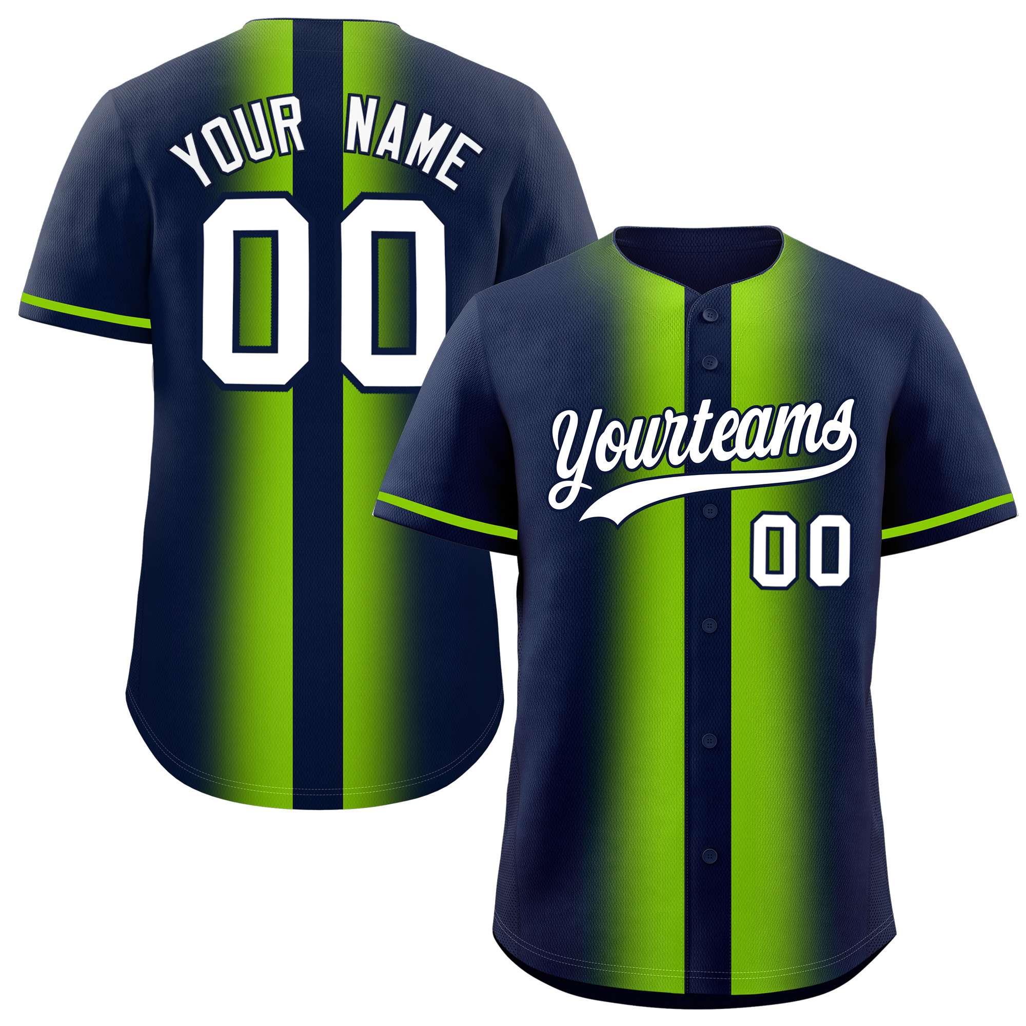 Custom Navy Neon Green Lapel Gradient Fashion Authentic Baseball Jersey