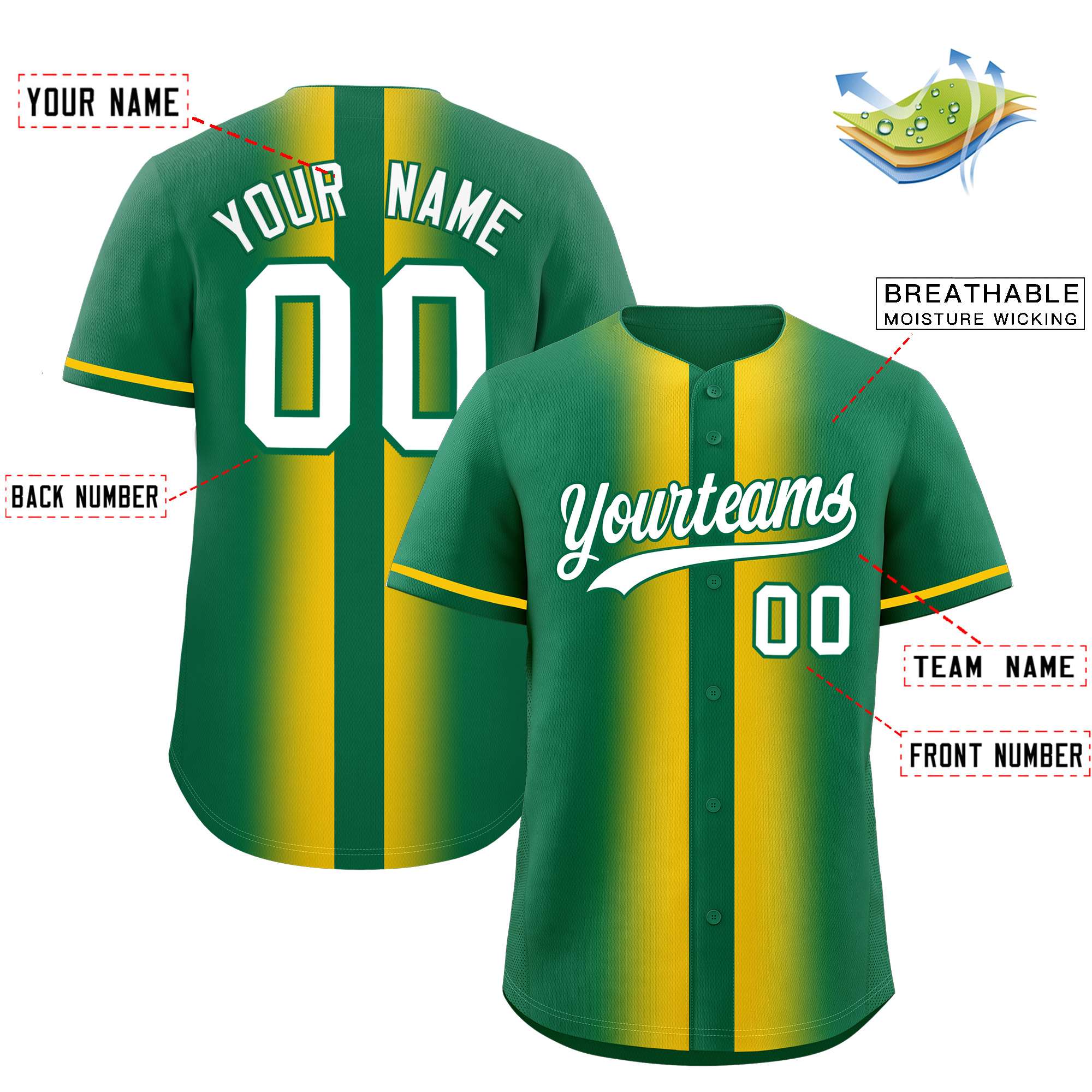 Custom Kelly Green Gold Lapel Gradient Fashion Authentic Baseball Jersey