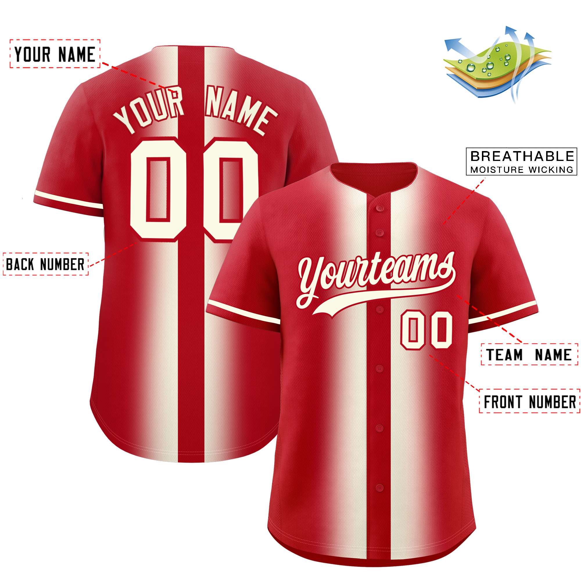 Custom Red Cream Lapel Gradient Fashion Authentic Baseball Jersey