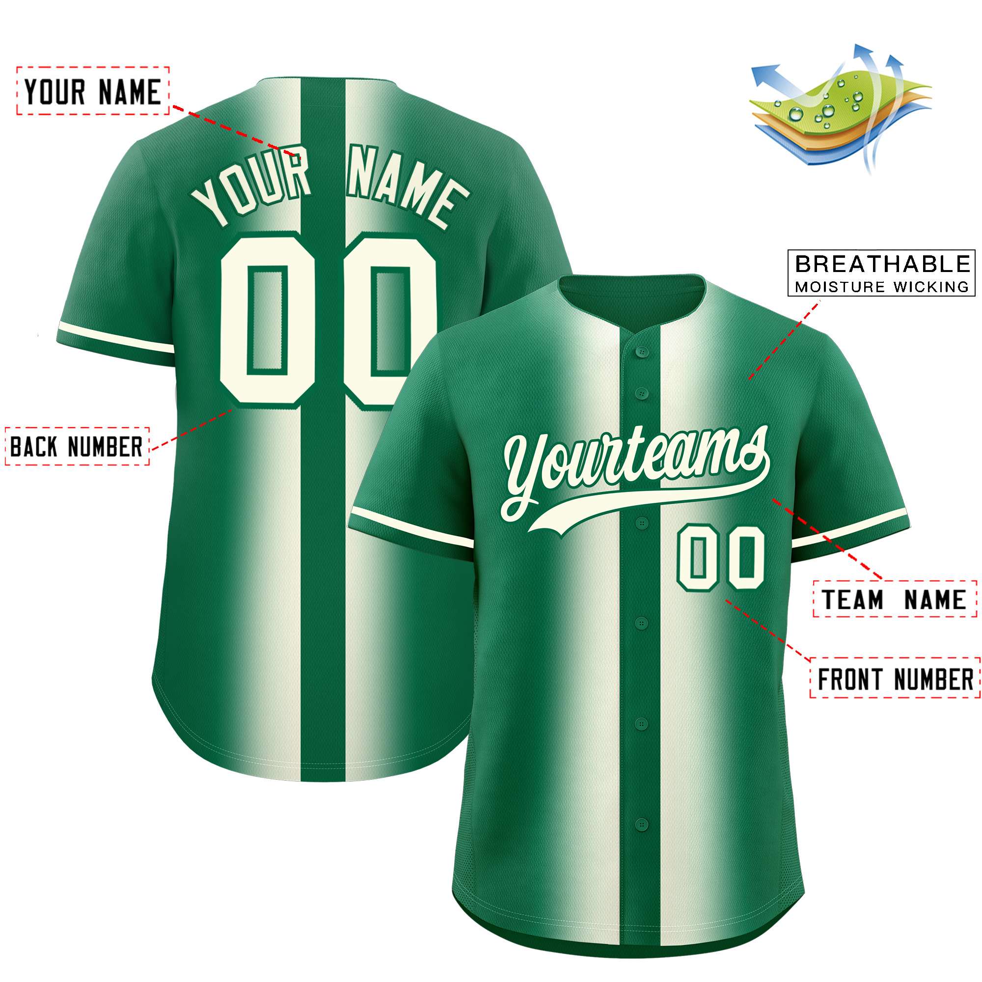 Custom Kelly Green Cream Lapel Gradient Fashion Authentic Baseball Jersey