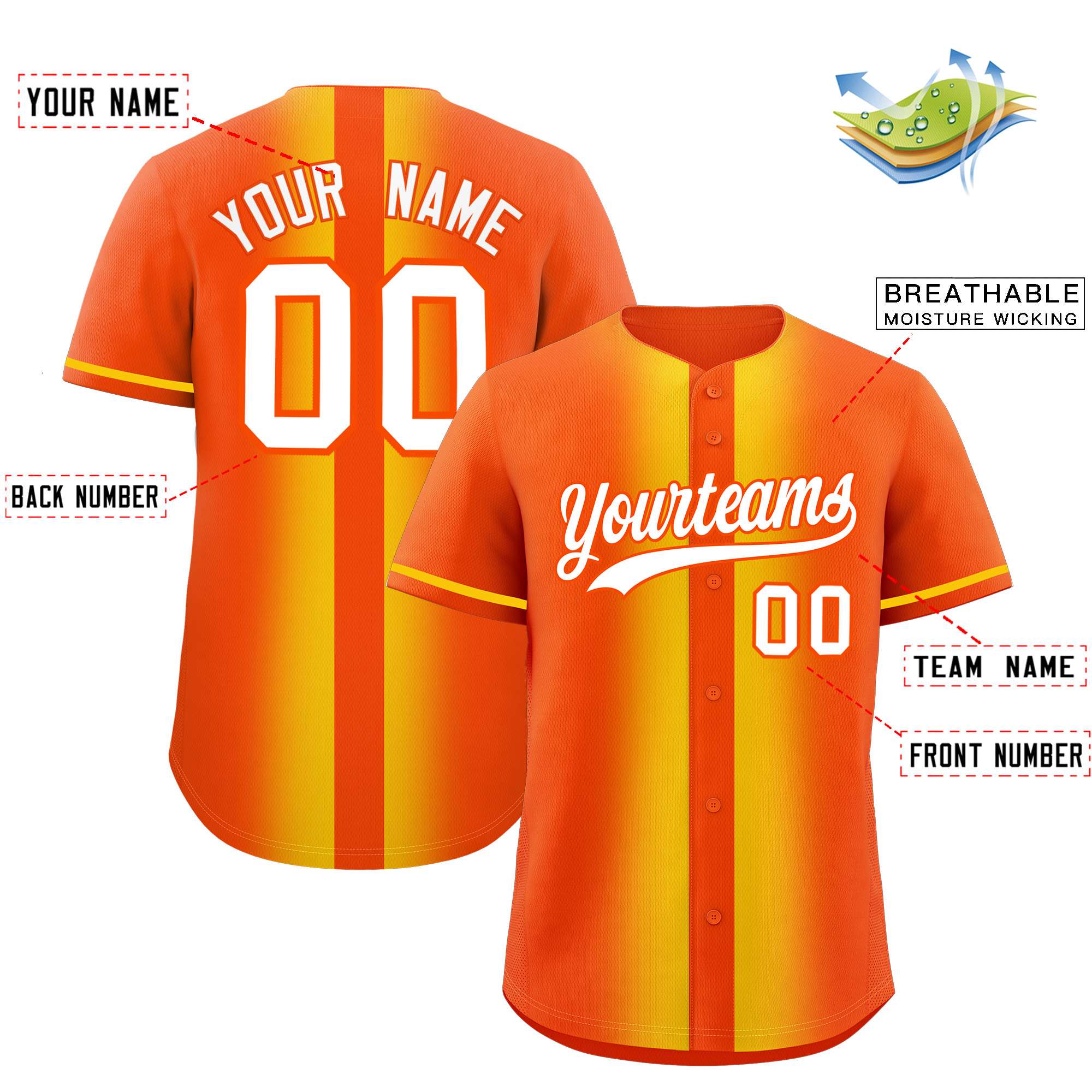 Custom Orange Gold Lapel Gradient Fashion Authentic Baseball Jersey