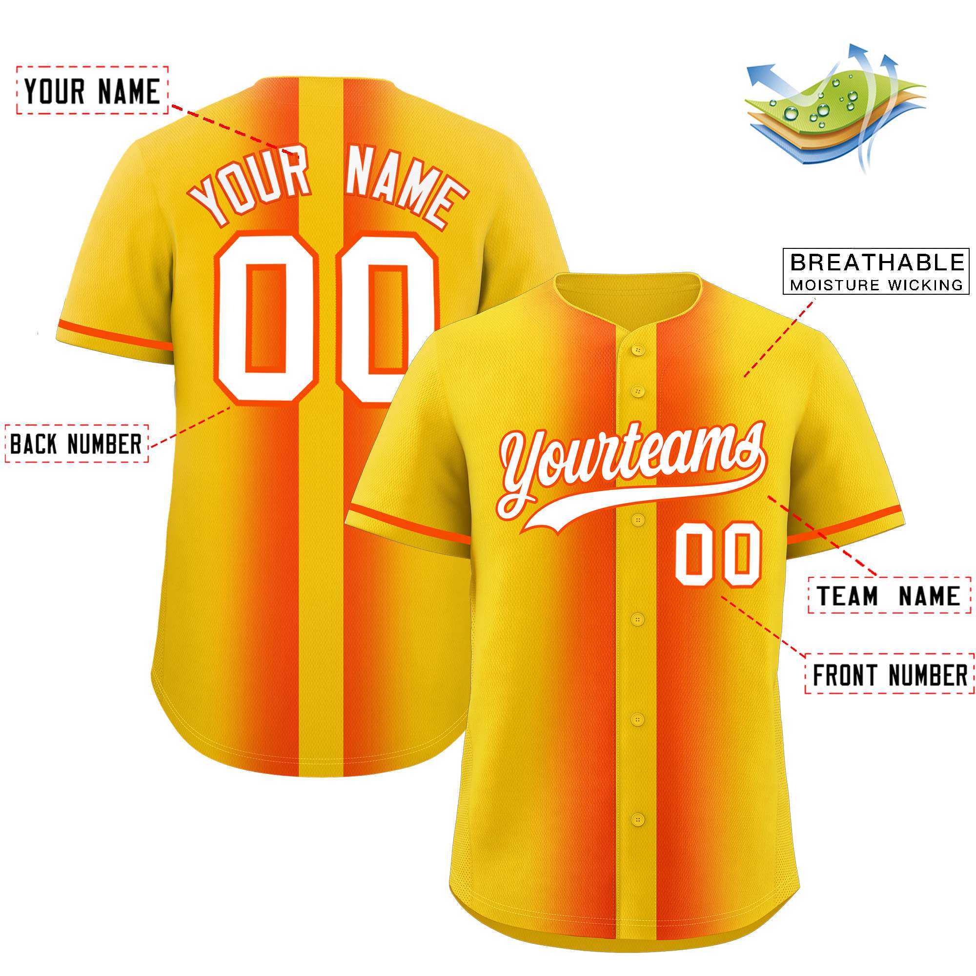 Custom Gold Orange Lapel Gradient Fashion Authentic Baseball Jersey