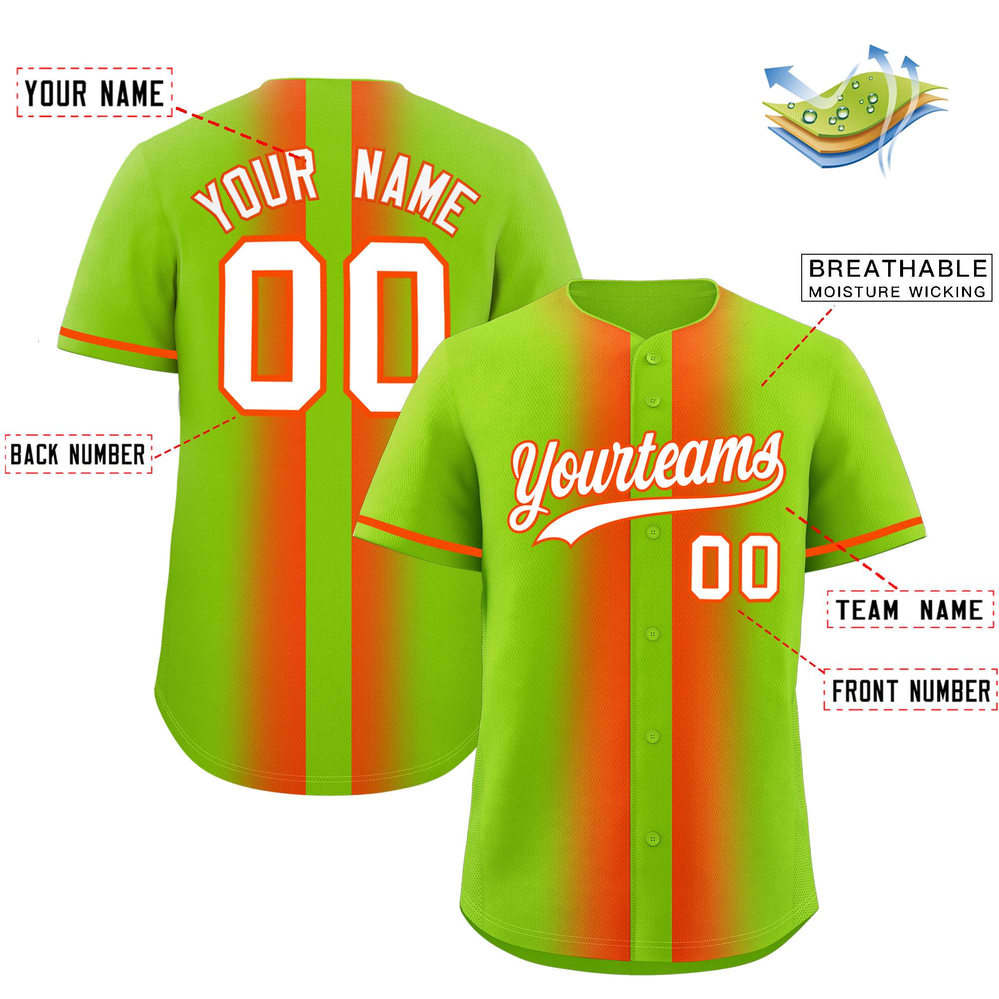 Custom Neon Green Orange Lapel Gradient Fashion Authentic Baseball Jersey