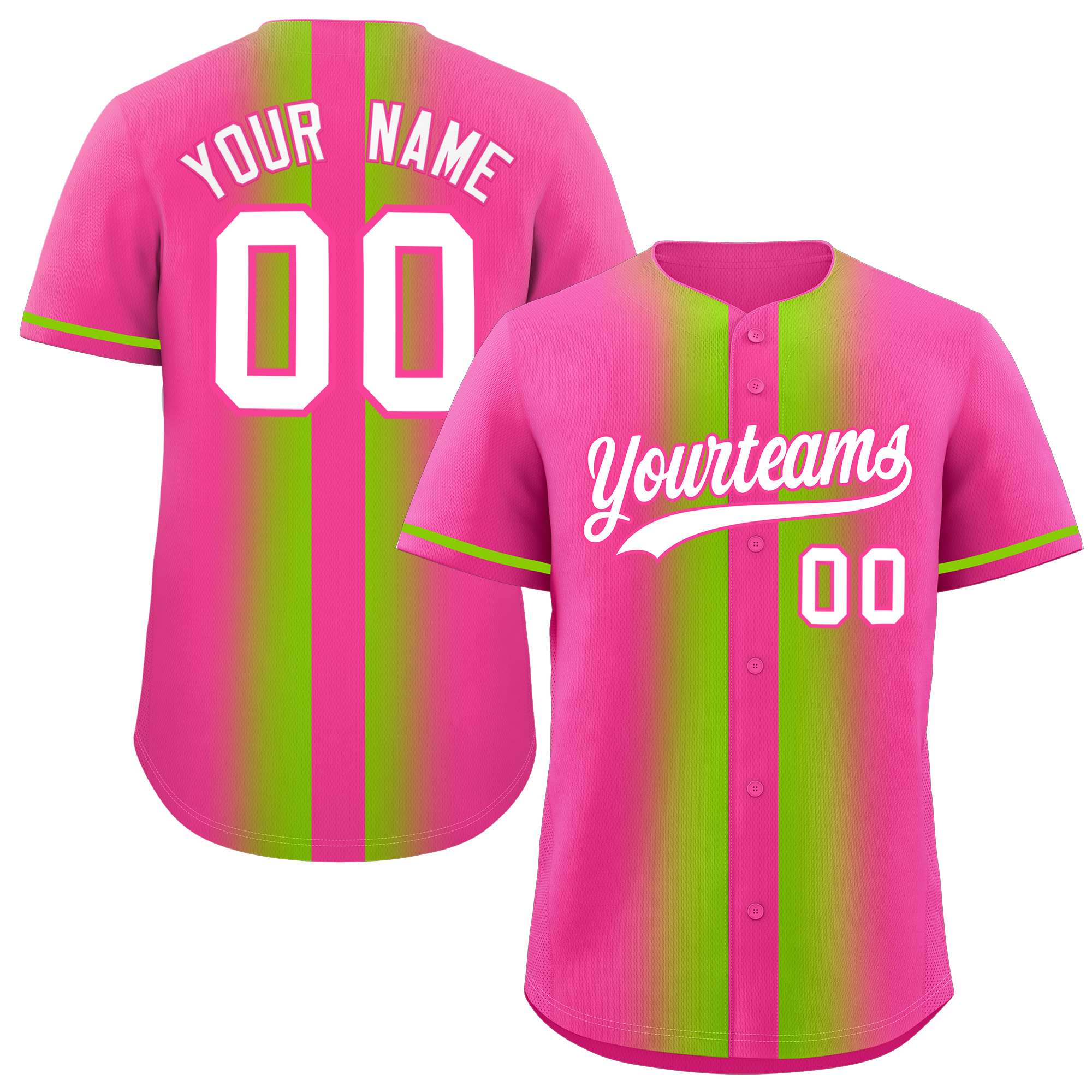 Custom Pink Neon Green Lapel Gradient Fashion Authentic Baseball Jersey