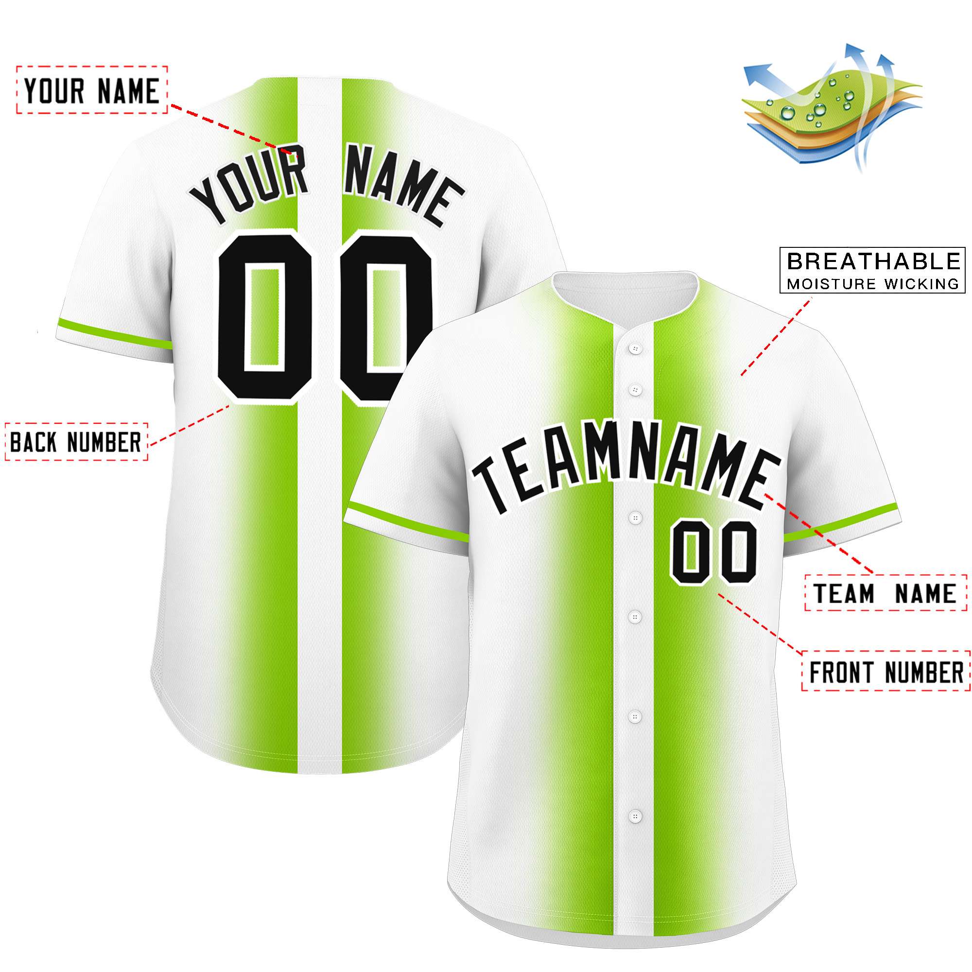 Custom White Neon Green Lapel Gradient Fashion Authentic Baseball Jersey