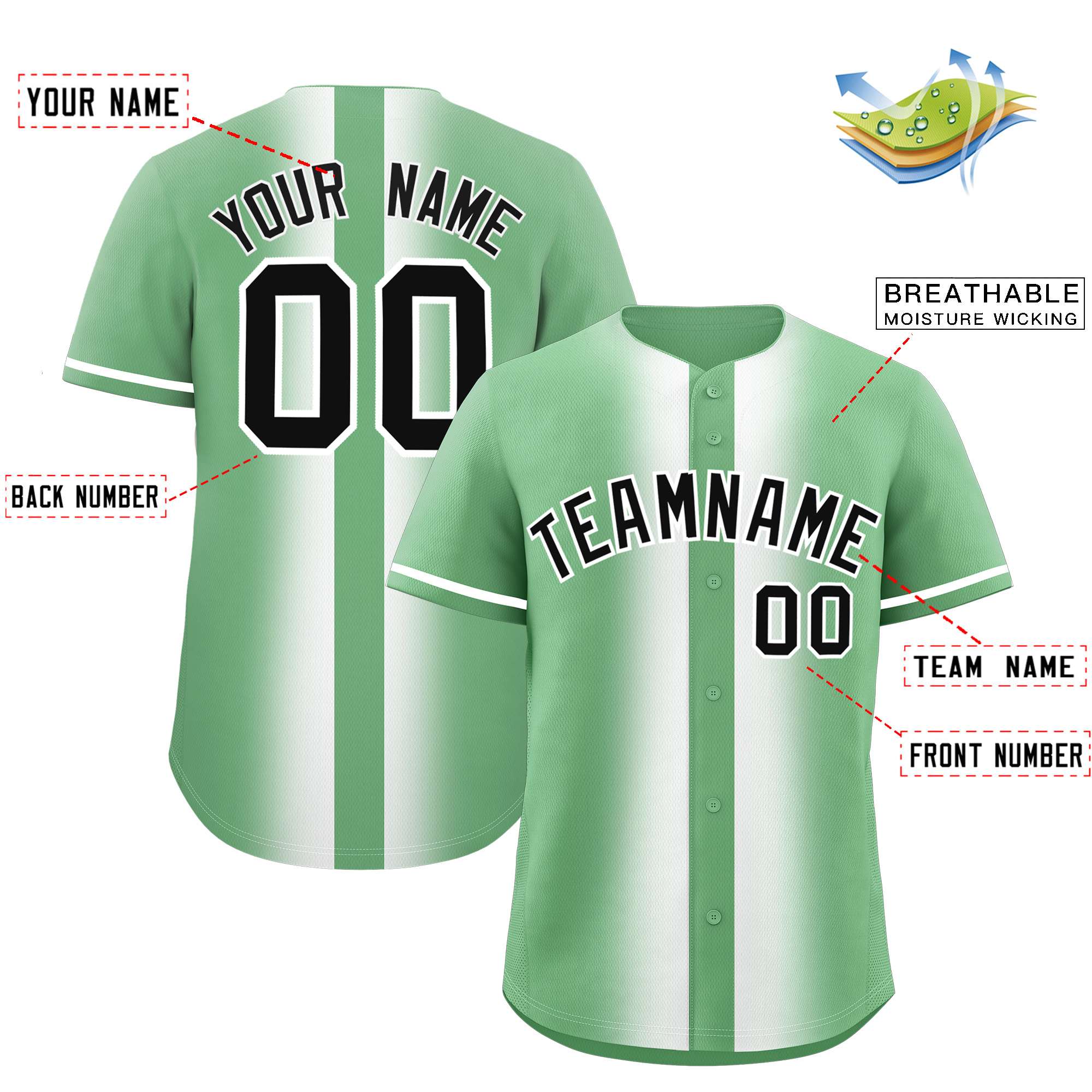 Custom Green White Lapel Gradient Fashion Authentic Baseball Jersey