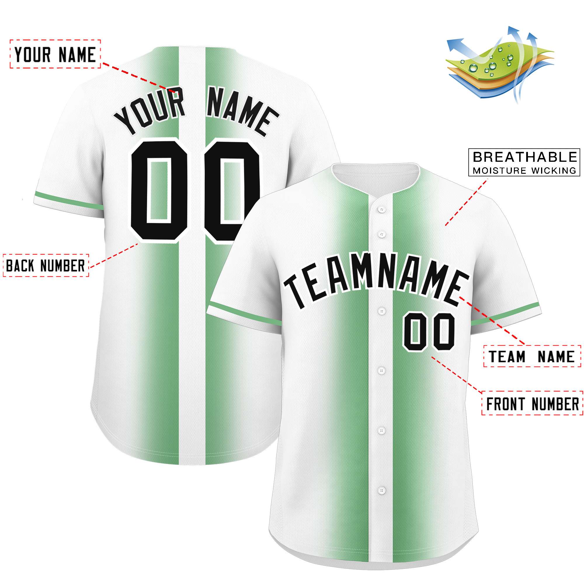 Custom Green White Lapel Gradient Fashion Authentic Baseball Jersey