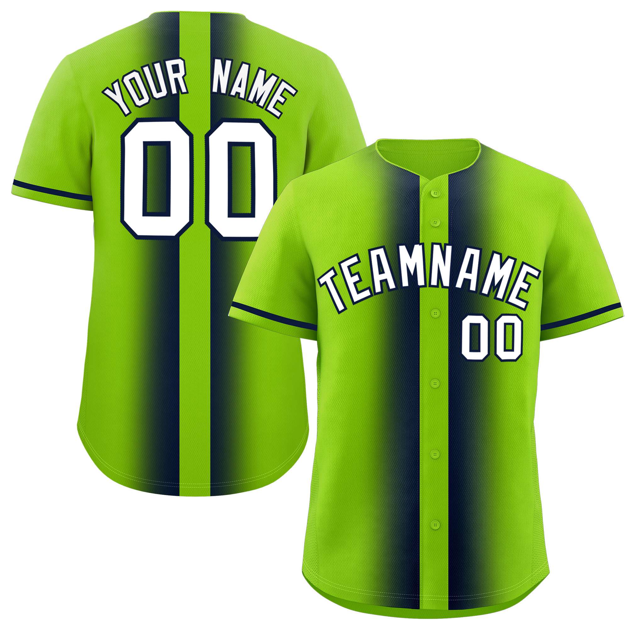 Custom Neon Green Navy Lapel Gradient Fashion Authentic Baseball Jersey