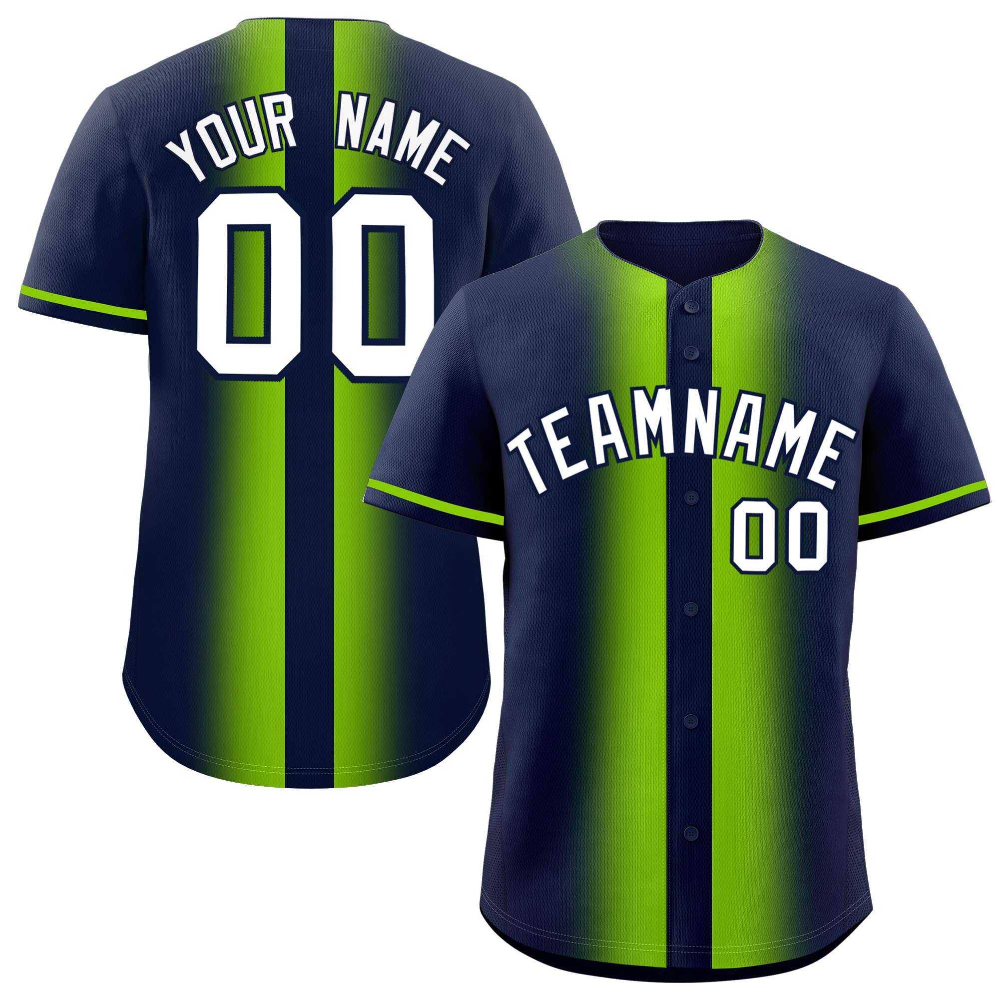 Custom Navy Neon Green Lapel Gradient Fashion Authentic Baseball Jersey