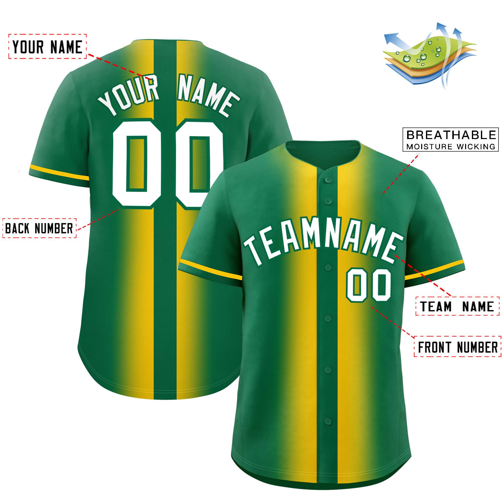 Custom Kelly Green Gold Lapel Gradient Fashion Authentic Baseball Jersey