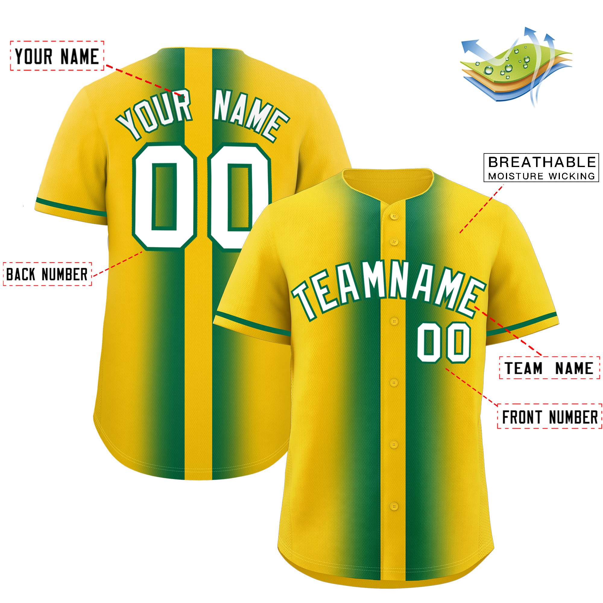 Custom Gold Kelly Green Lapel Gradient Fashion Authentic Baseball Jersey