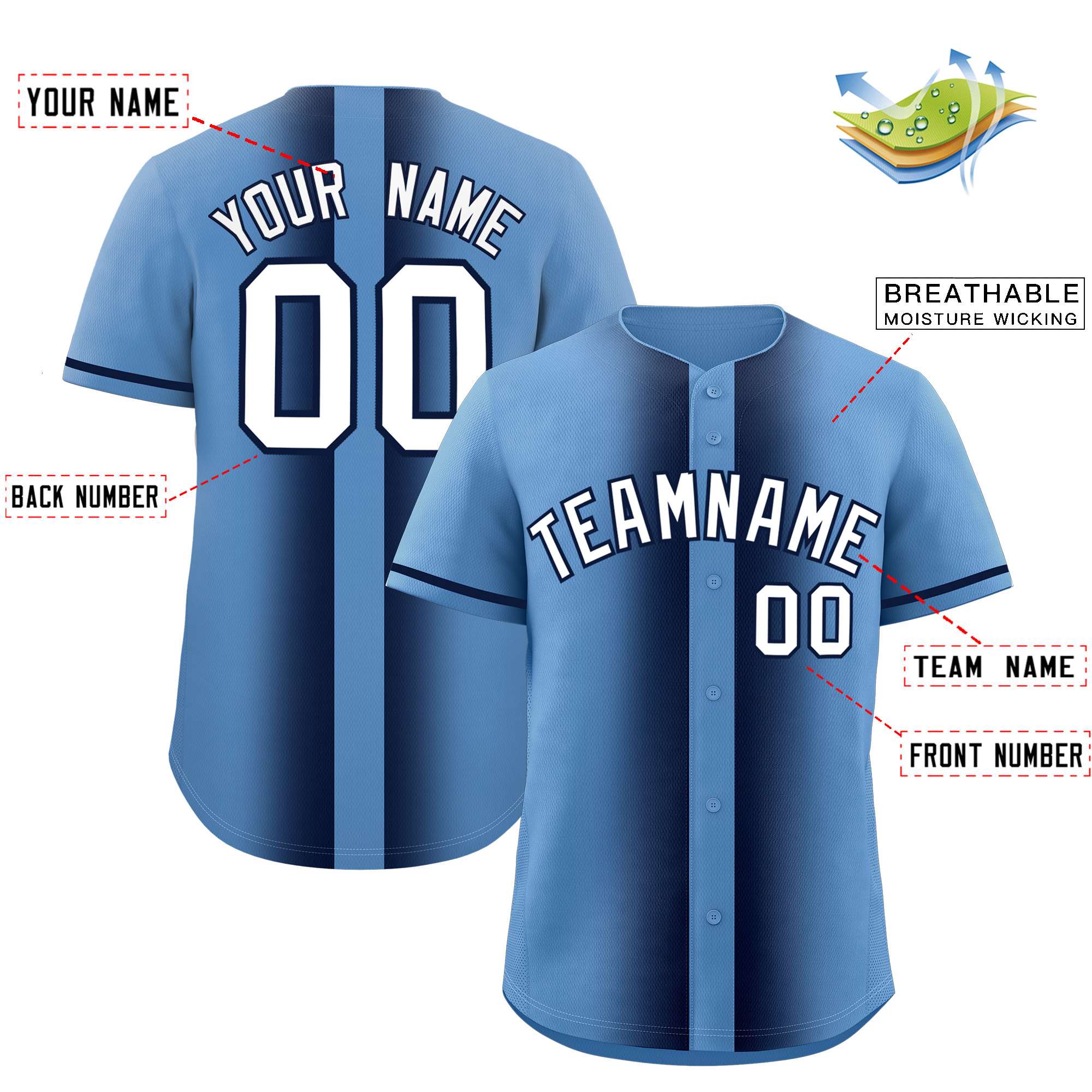 Custom Light Blue Navy Lapel Gradient Fashion Authentic Baseball Jersey