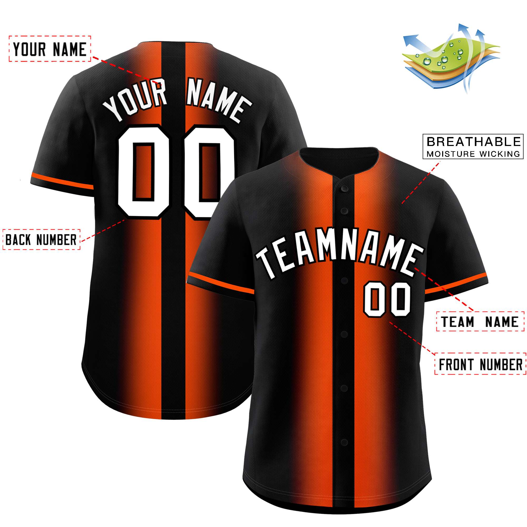 Custom Black Orange Lapel Gradient Fashion Authentic Baseball Jersey