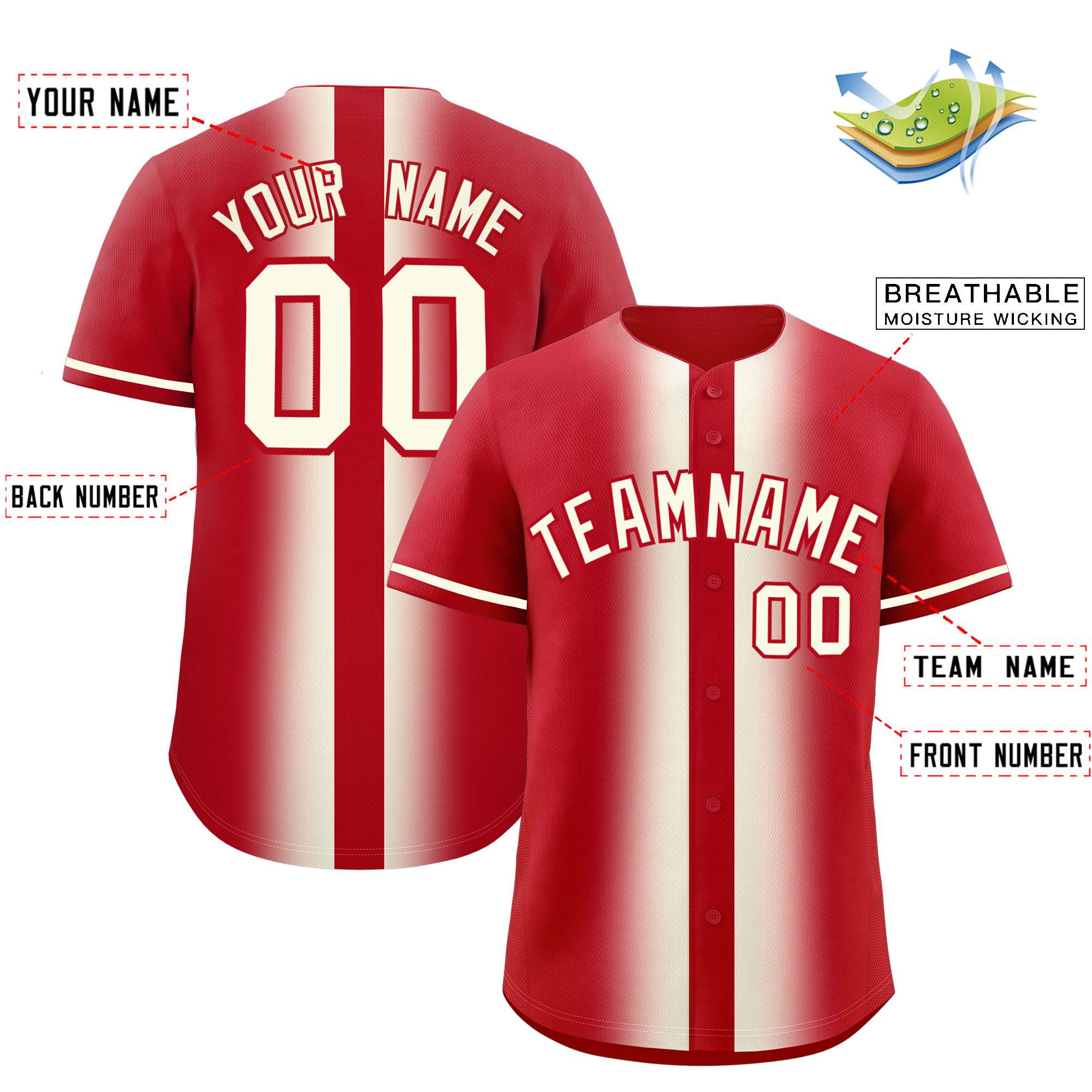 Custom Red Cream Lapel Gradient Fashion Authentic Baseball Jersey