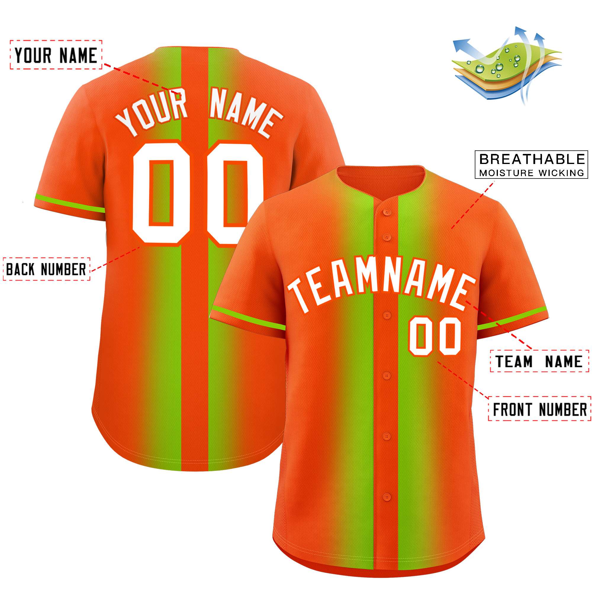 Custom Orange Neon Green Lapel Gradient Fashion Authentic Baseball Jersey