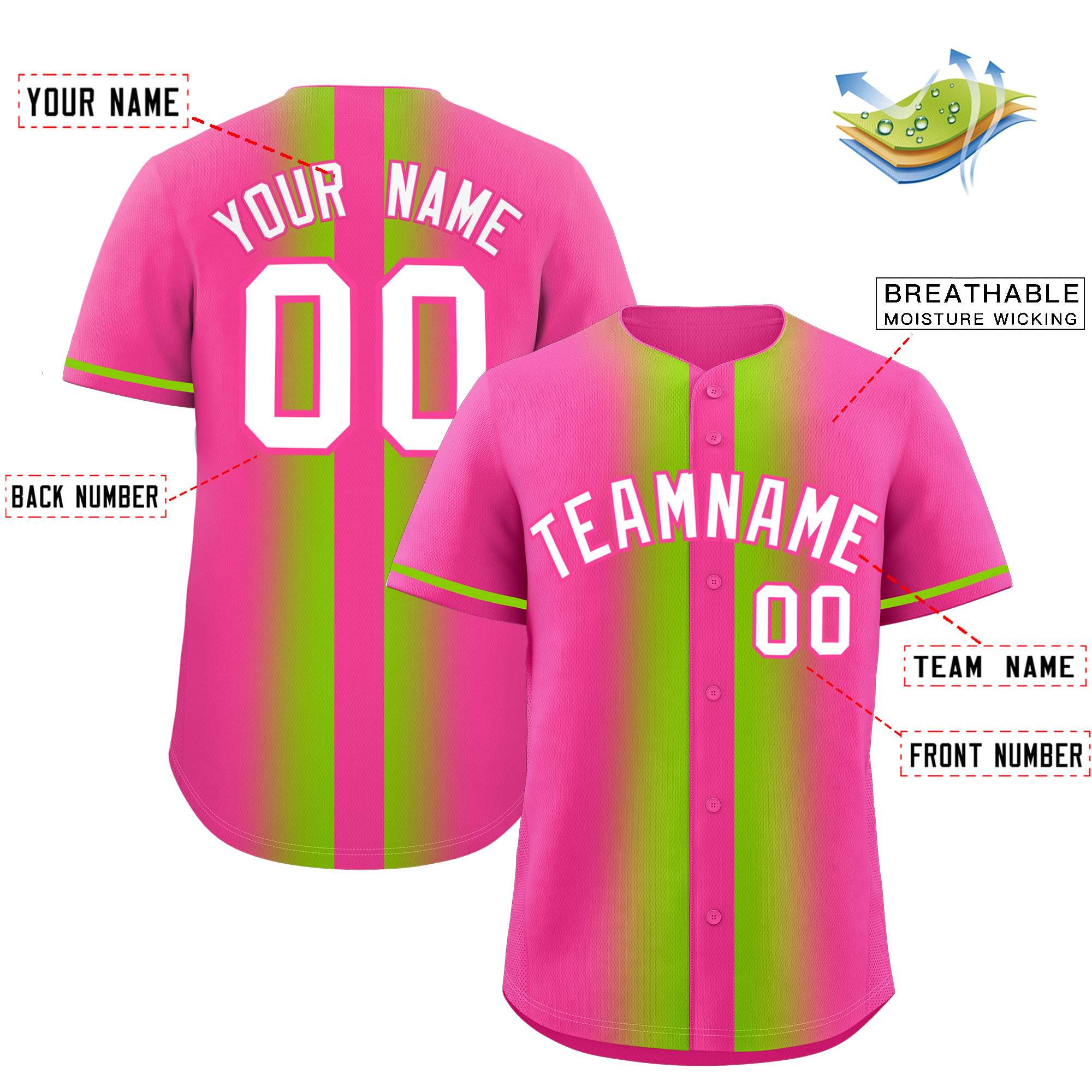 Custom Pink Neon Green Lapel Gradient Fashion Authentic Baseball Jersey