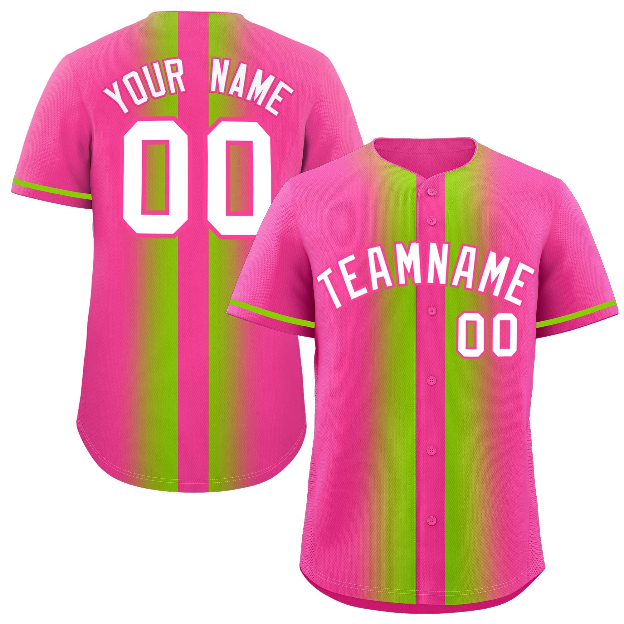 Custom Pink Neon Green Lapel Gradient Fashion Authentic Baseball Jersey