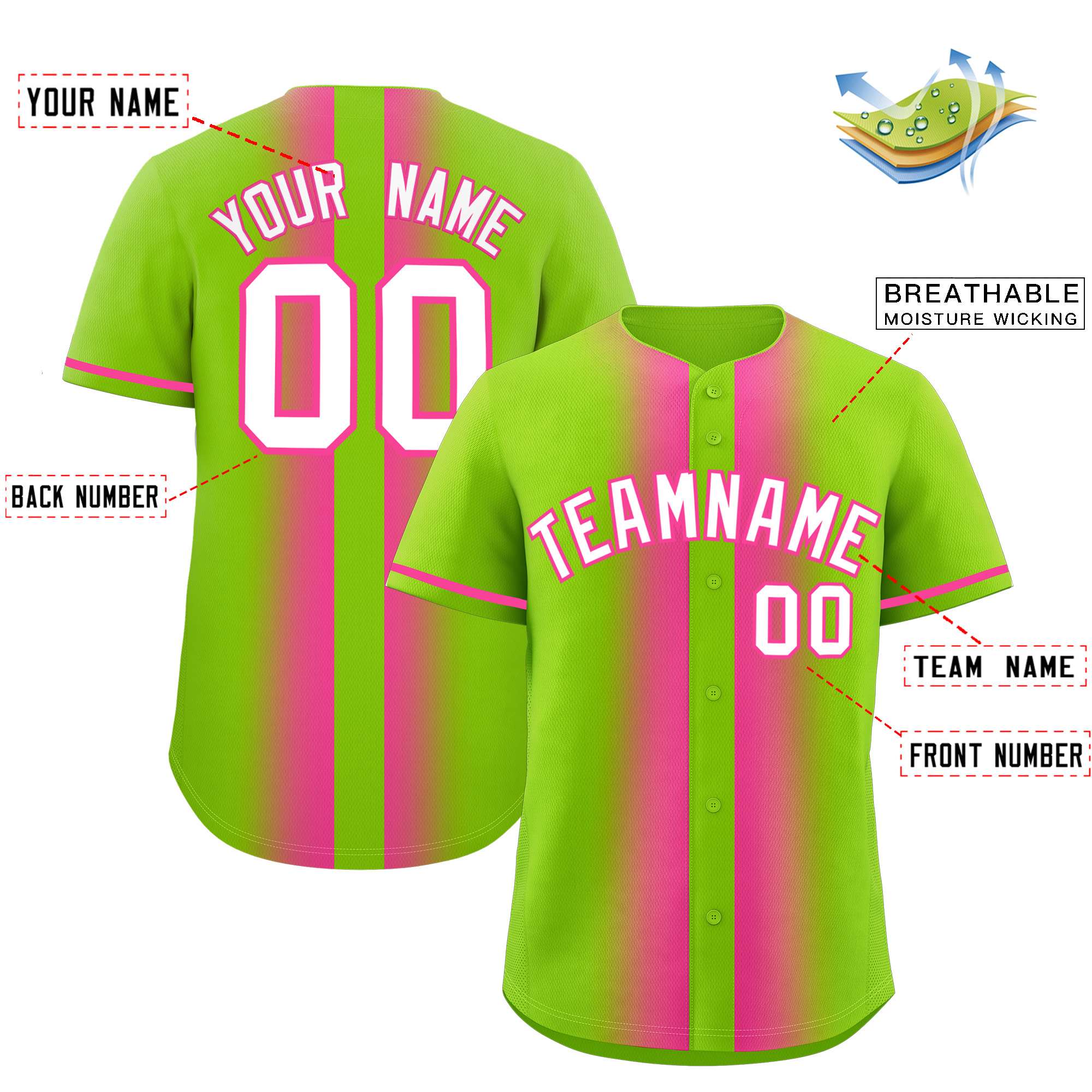 Custom Neon Green Pink Lapel Gradient Fashion Authentic Baseball Jersey