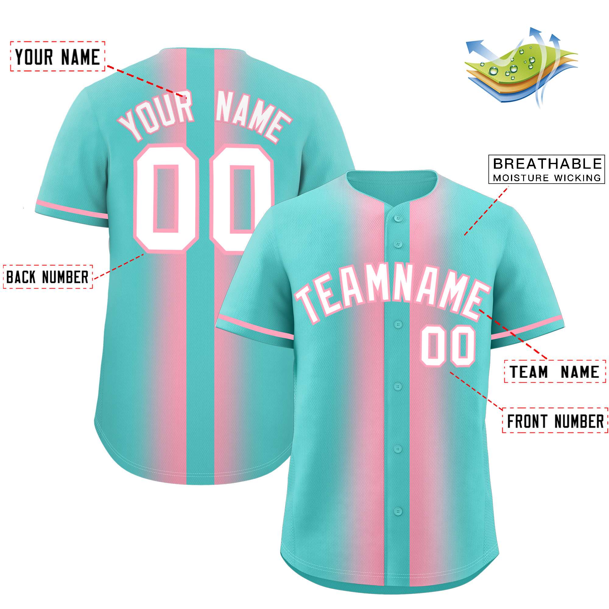 Custom Bright Green Light Pink Lapel Gradient Fashion Authentic Baseball Jersey